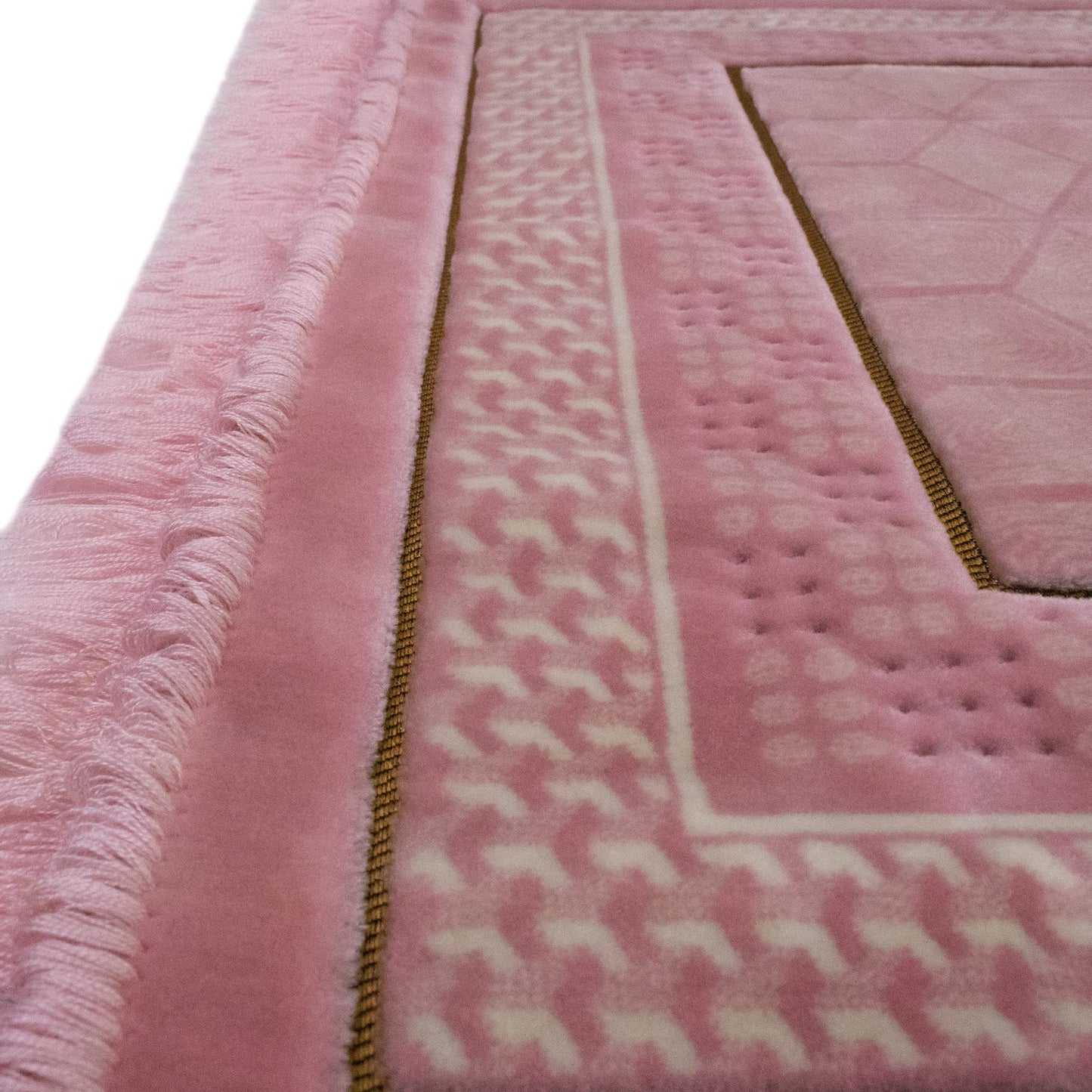 Modefa Turkish Islamic Velvet Prayer Rug - Thick & Wide Soft Praying Carpet for Men & Women - Double Plush Large Janamaz - Eid & Ramadan Gift - with Kufi, Beads & Car Hanger - Geometric Noor (Pink)