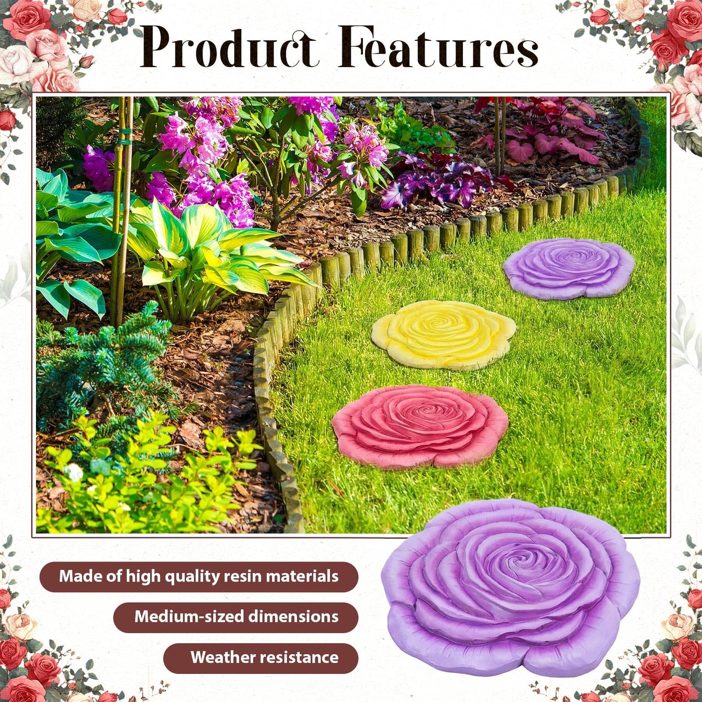 Cinnvoice 3 Pack Garden Stepping Stone Outdoor, Decorative Dimensional Resin Stepping Stones for Patio Pathway Landscaping Walkway Sculpture Yard Backyard Lawn(Rose,10 Inches)