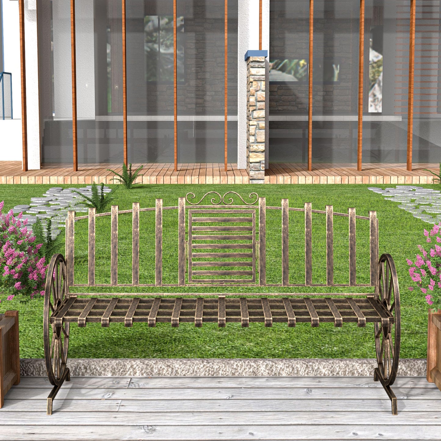Boweniog Outdoor Bench Patio Outdoor Garden Bench with Built-in Table, Wagon Wheel Arms, 3 People Outdoor Bench Garden Bench Front Porch Furniture Patio Lawn Yard Park (Bronze)