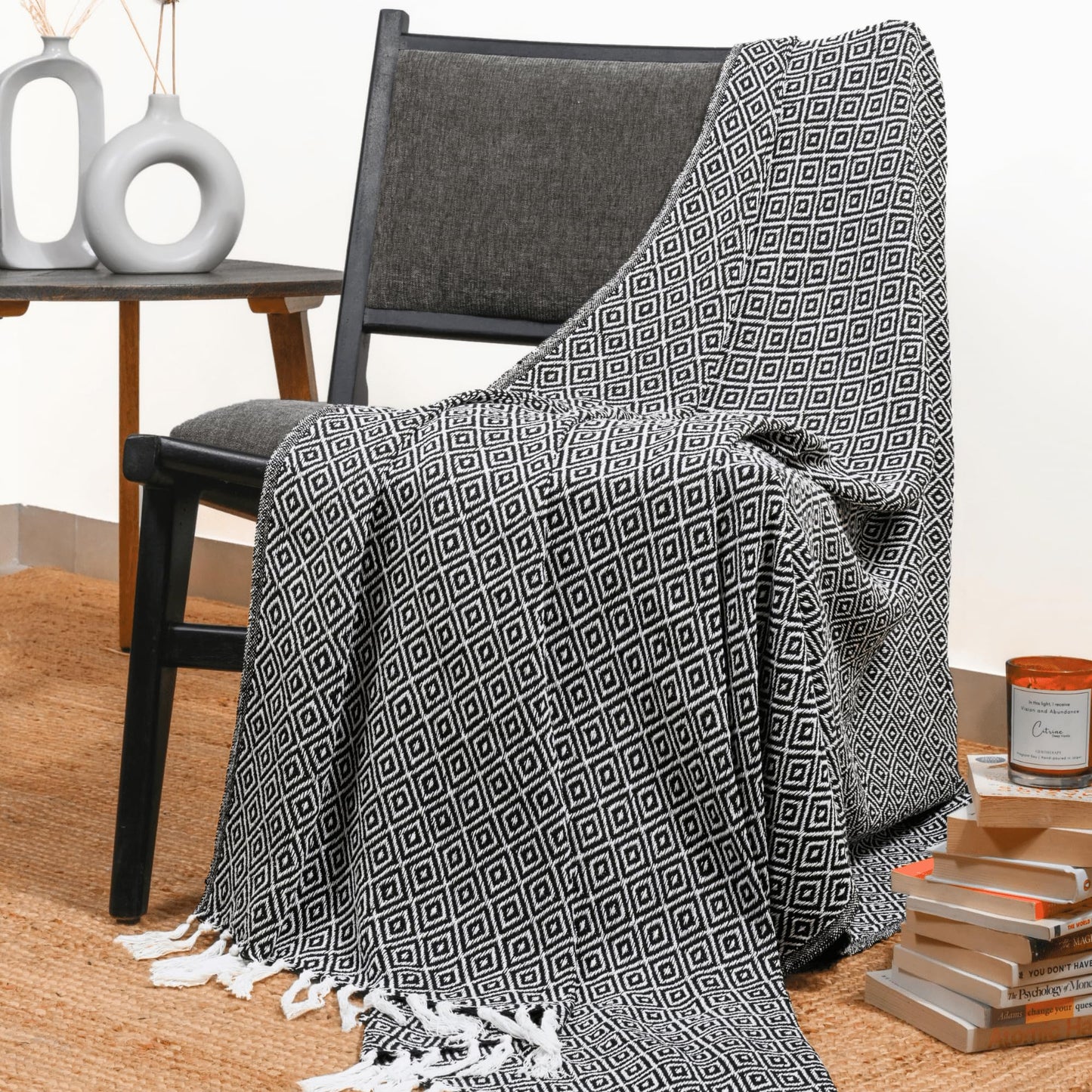 RAJRANG Black Throw Blanket Woven Country Rustic All Weather 100% Cotton Knitted Luxury Sofa Couch Bed Throws Mini Diamond 50 x 60 Inches