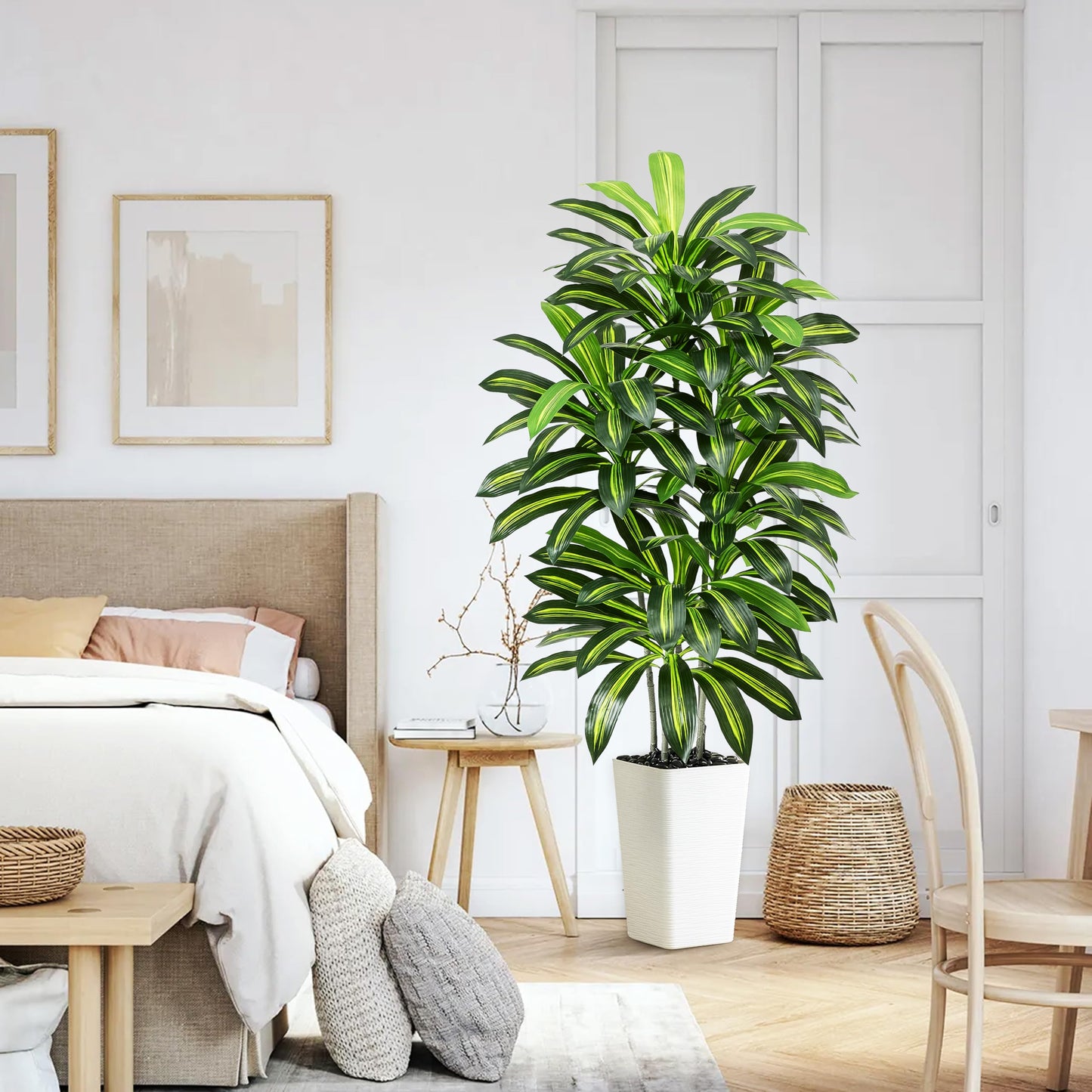 Artificial Dracaena Tree - 5FT Tall Fake Plants with White Tall Planter - Artificial Plants Indoor Floor Plant in Pot - Large Tropical Fake Yucca Potted Tree for Home Office Living Room Decor