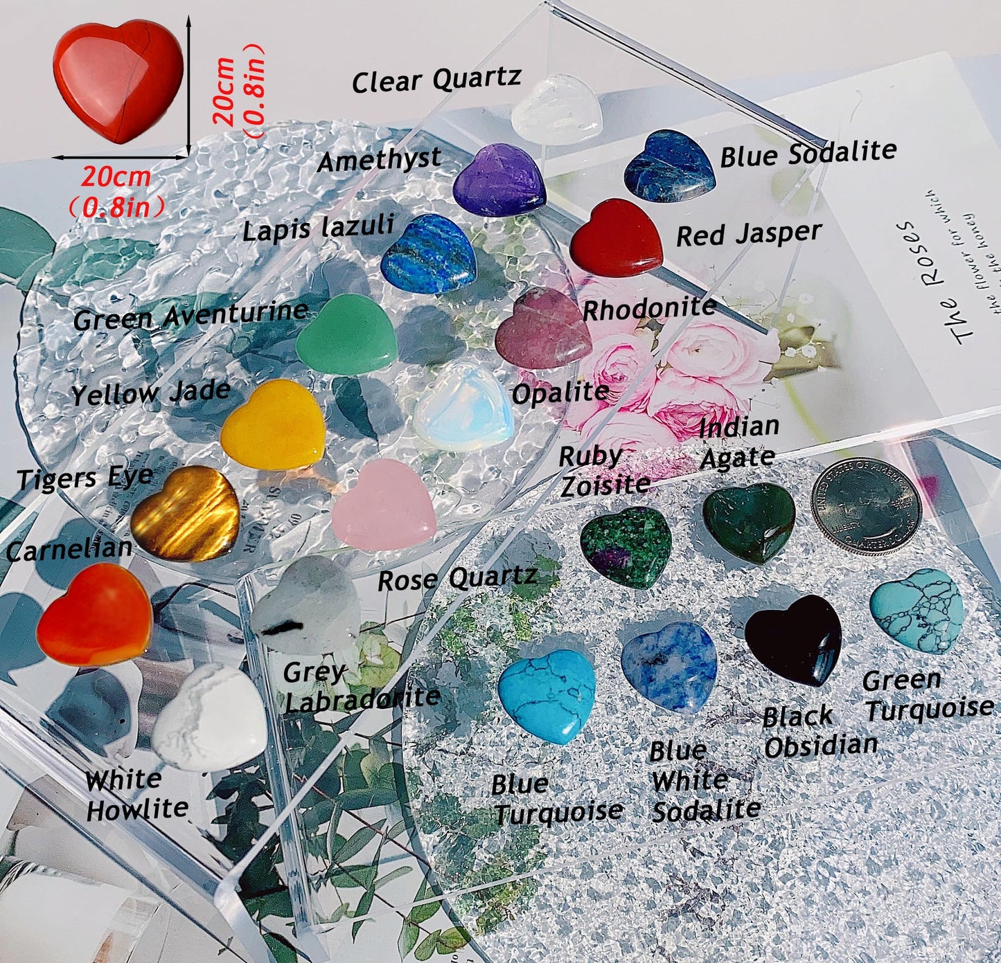 20PCS Crystals and Healing Gemstones Gem Stones Heart Crystal QINJIEJIE Natural Rose Quartz Pocket Amethyst Hearts Palm Stone Polished Crystal Set Bulk Chakra Reiki Good Luck Gifts for Women 0.8"