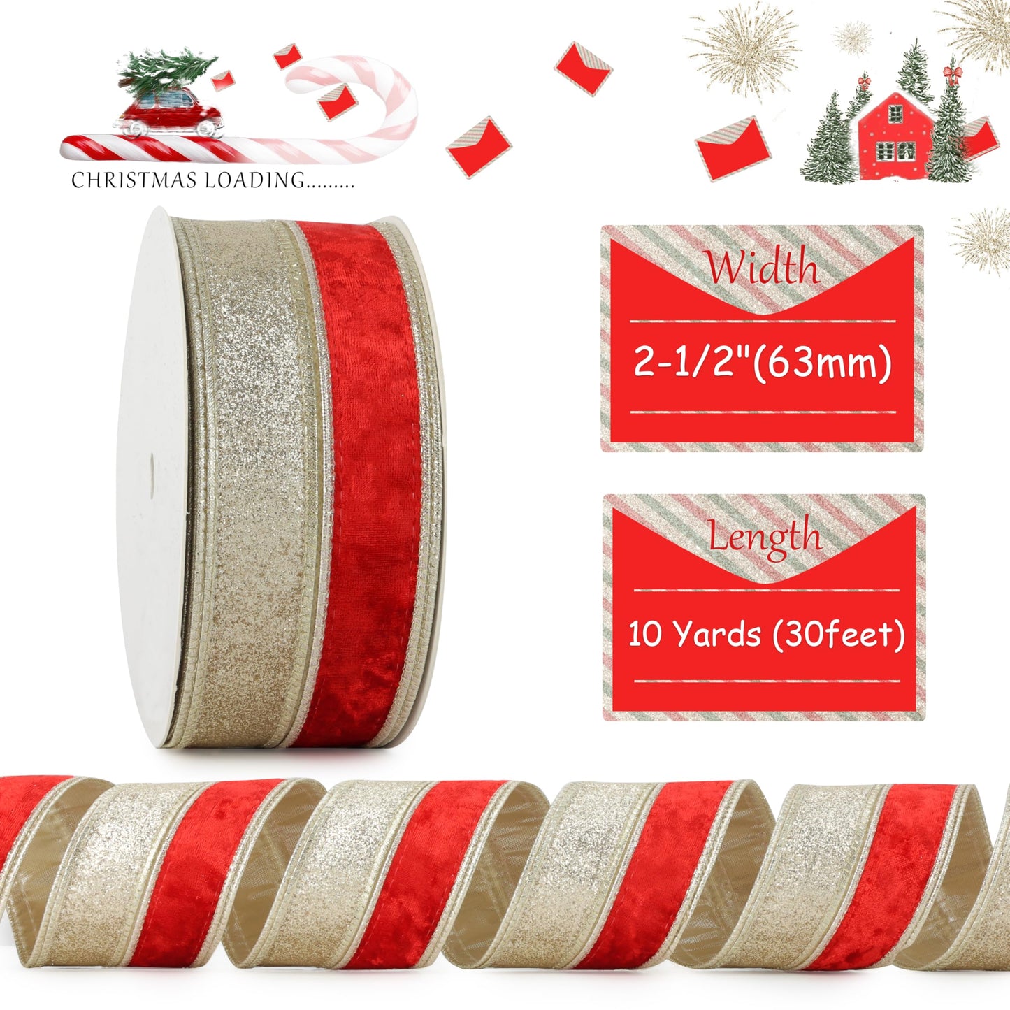 DINDOSAL Red Velvet Wired Ribbon 2.5 Inch x 10 Yards, Champagne Glitter Two Tone Christmas Ribbon for Tree, Wreaths, Bows, Garlands, Gift Wrapping, Holiday Decor