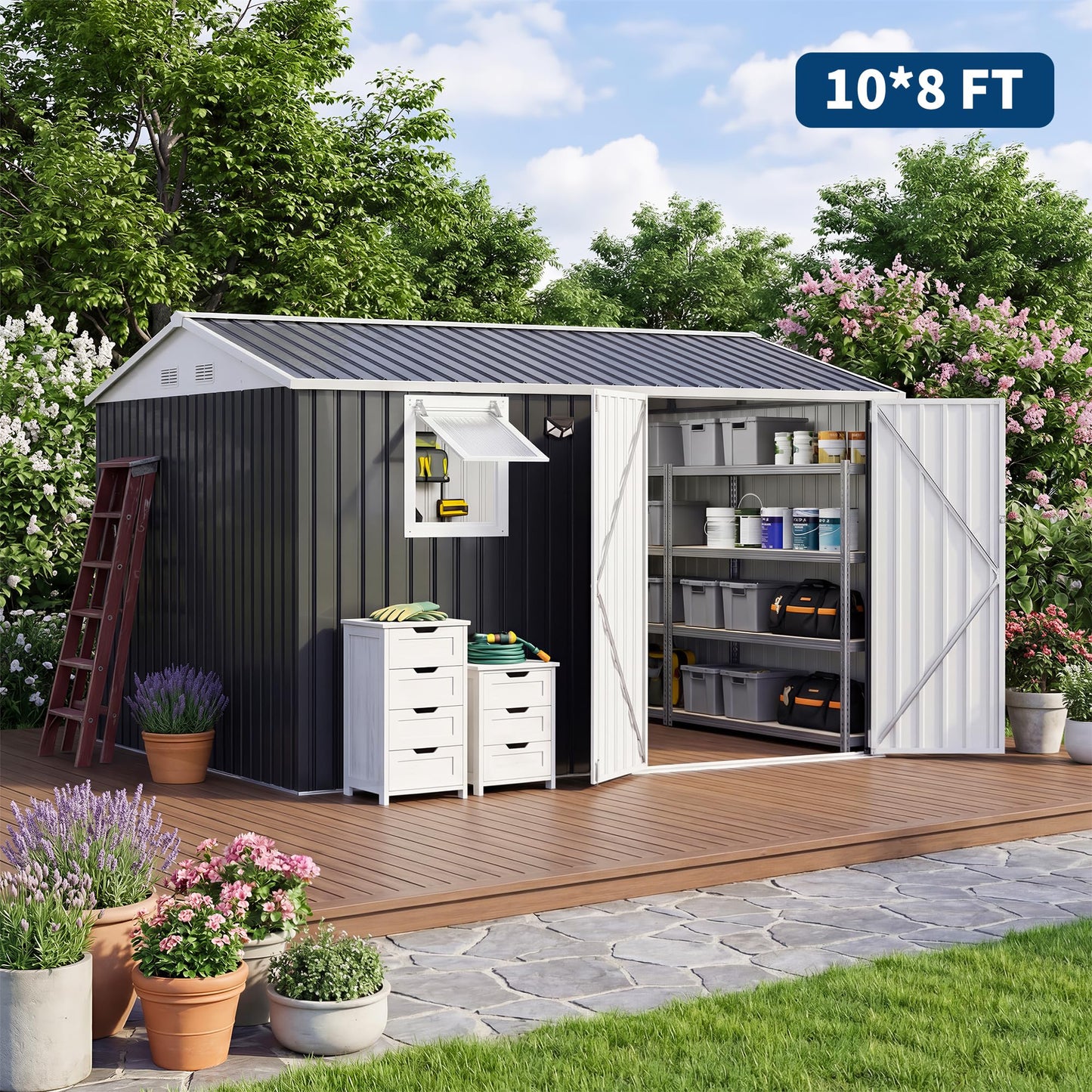 10x8FT Outdoor Storage Shed with Pushable Window, Metal Garden Shed with Sloping Roof,Breathable Vent and Lockable Doors, Steel Tool Shed for Patio Garden, Garage, Backyard, Poolside