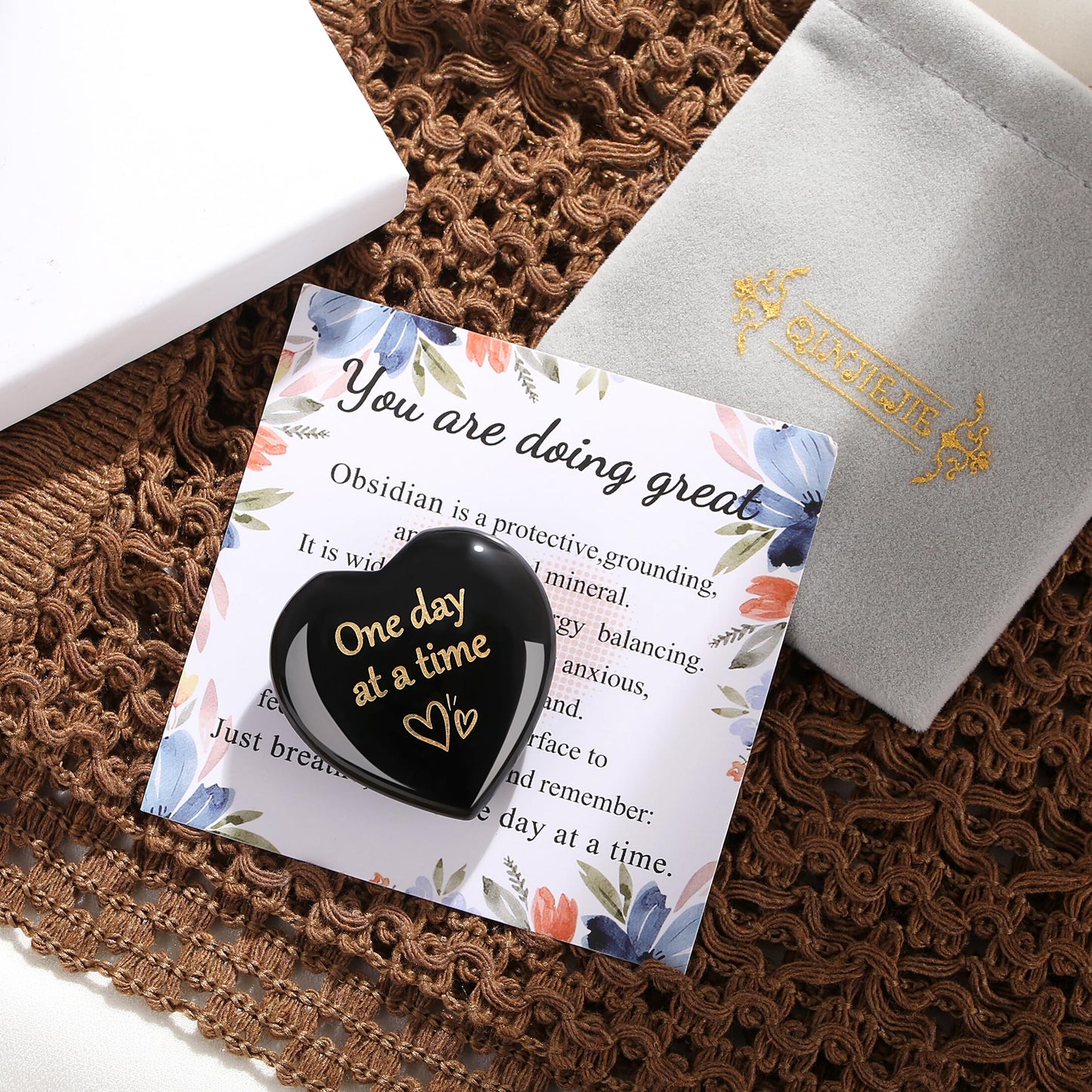 QINJIEJIE Black Obsidian One Day at A Time Heart Worry Stones Healing Crystal Thinking of You Gifts for Anxiety Relief Items You Got This Inspirational for Friend Encouragement Gift for Women Men