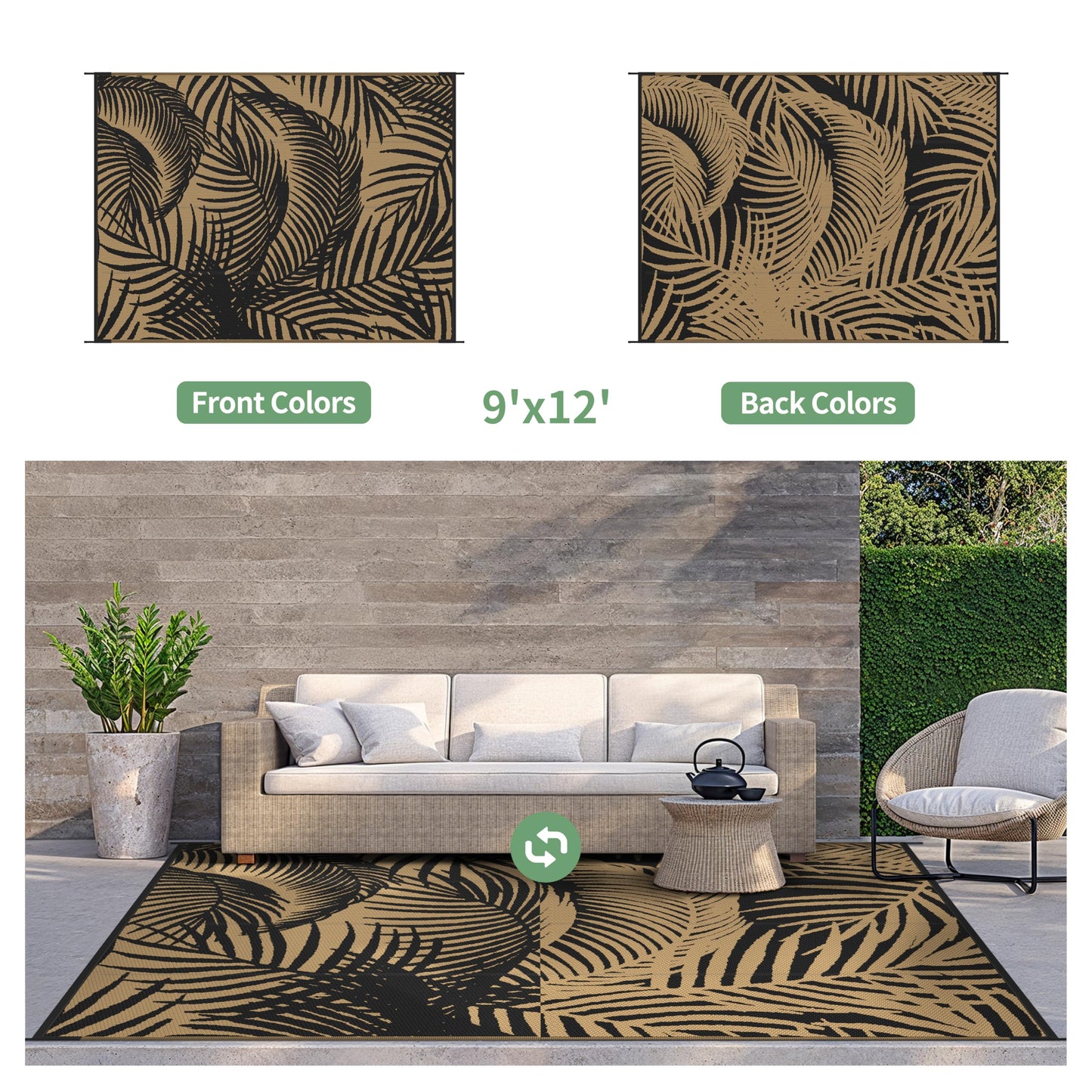 GENIMO Outdoor Rug 9' x 12' Waterproof for Patio Clearance, Reversible Plastic Straw Camping Carpet, Lightweight Mats for Rv, Backyard, Deck, Porch, Picnic, Beach, Balcony, Black & Brown