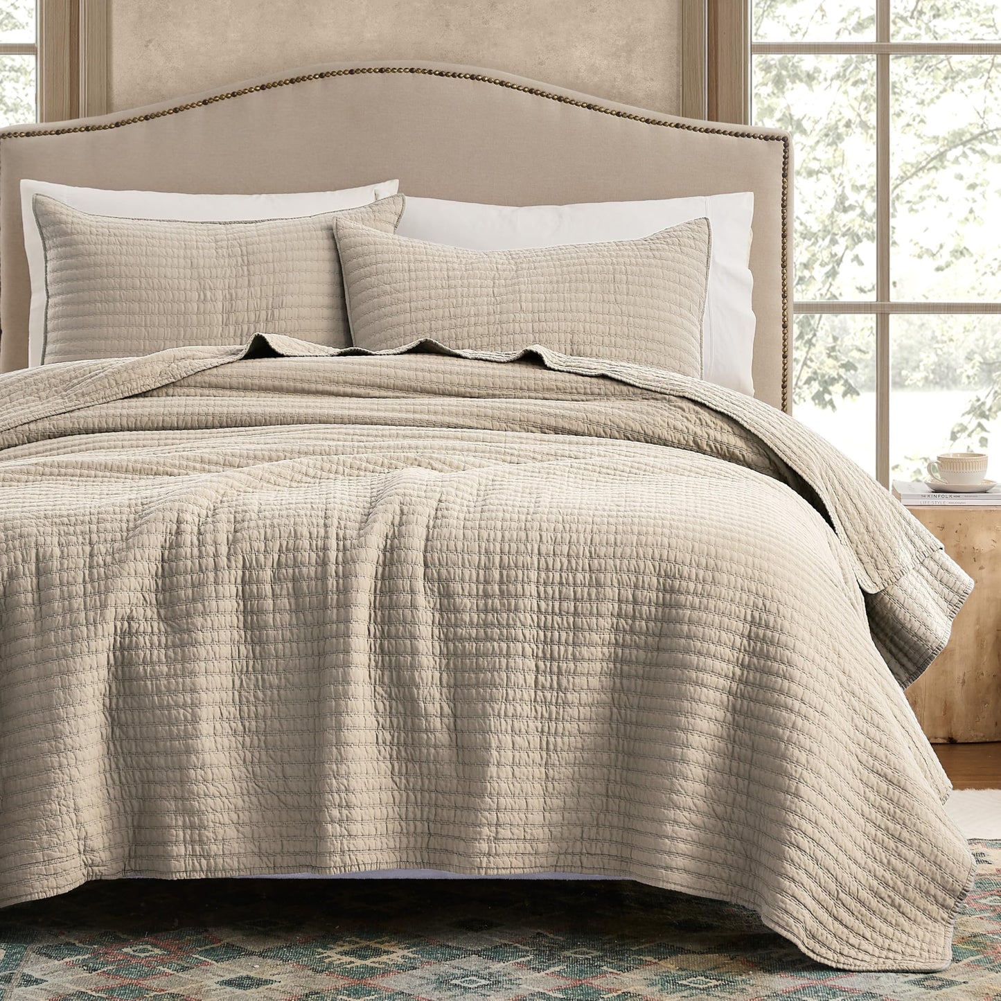 WDCOZY 100% Cotton Queen Size Quilt Set - Beige Neutral Striped Pick Stitch Soft Lightweight Bedspread, Textured Like Linen, Farmhouse Country Rustic Coverlet, Shabby Chic Gauze Bedding, 3 Pieces