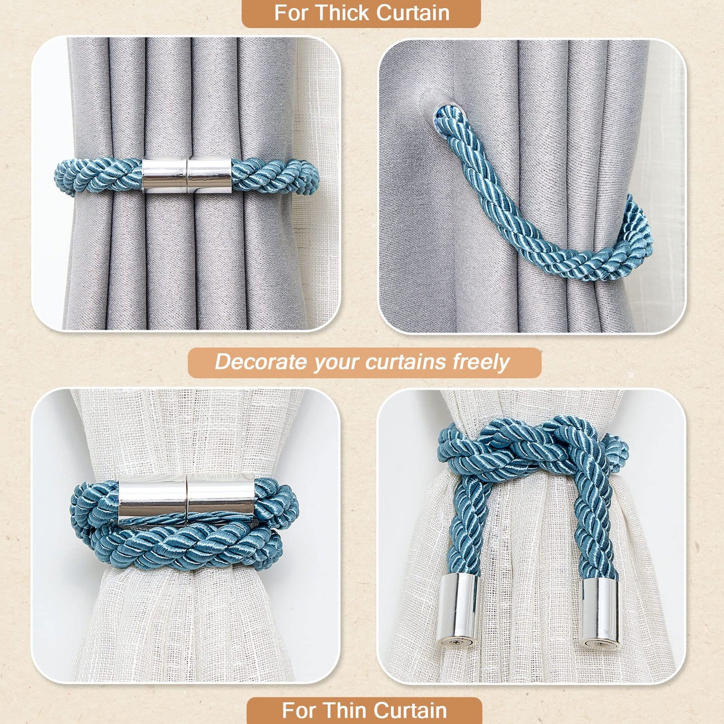 NICEEC 2 Pack Strong Magnetic Curtain Tiebacks Modern Simple Style Drape Tie Backs Convenient Decorative Weave Rope Curtain Holdbacks for Thin or Thick Home & Office Window Draperies (Teal)