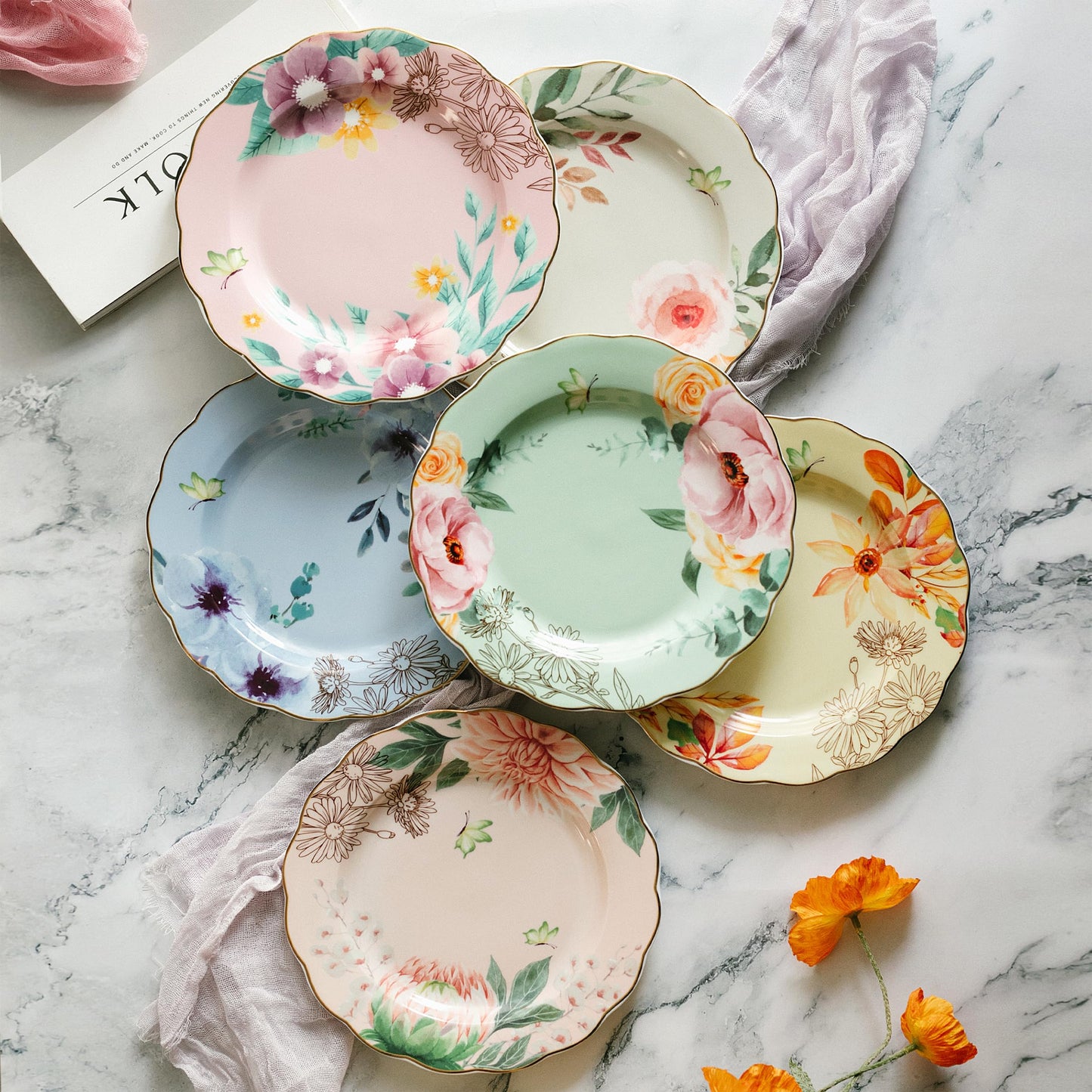 BTaT- Porcelain Floral Plates, 8 inch, Set of 6, Royal Dessert Plates, Appetizer Plates, Floral Plates, Salad Plates, Small Plates, Small Plates Set, Small Dishes, Dinnerware, Mothers Day Gift