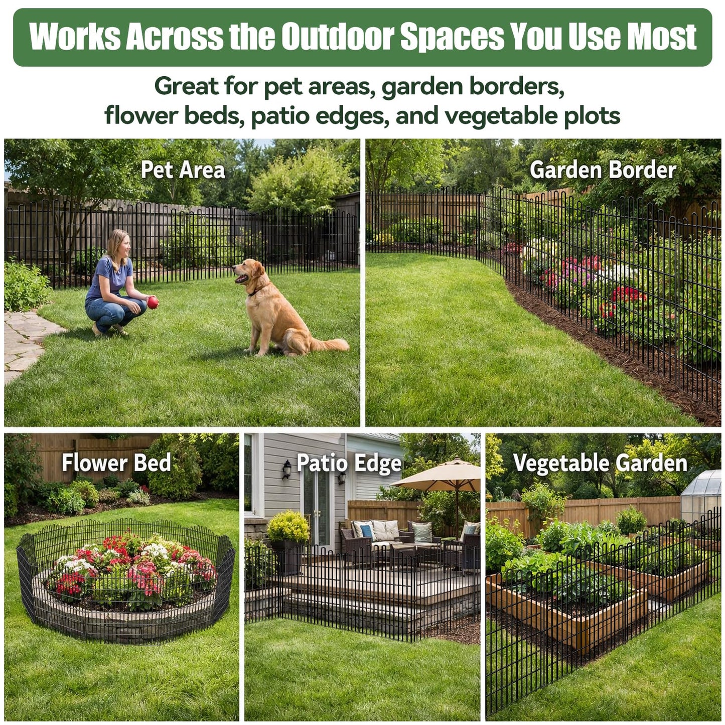 5 Panels No Dig Decorative Garden Fence, 33in H x 11.8ft L Animal Barrier Fencing, Rustproof Dog Fence Outdoor for Yard, Metal Wire Panel Border, Classic Arched-Top Panels for Patio, Flower Bed