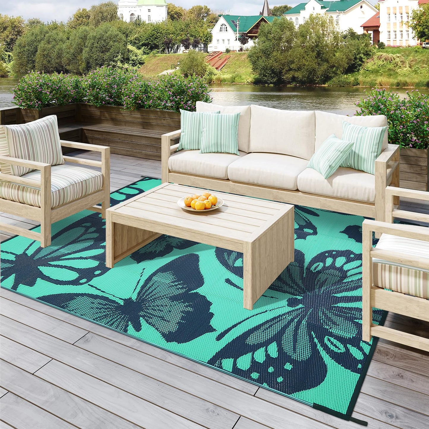 Uphome Outdoor Rug Waterproof 6x9 ft, Patio Plastic Straw Rugs for RV Camping, Reversible Butterfly Mat Outside, Indoor Outdoor Floor Carpet for Back Yard Deck Balcony Porch Beach Picnic, Teal