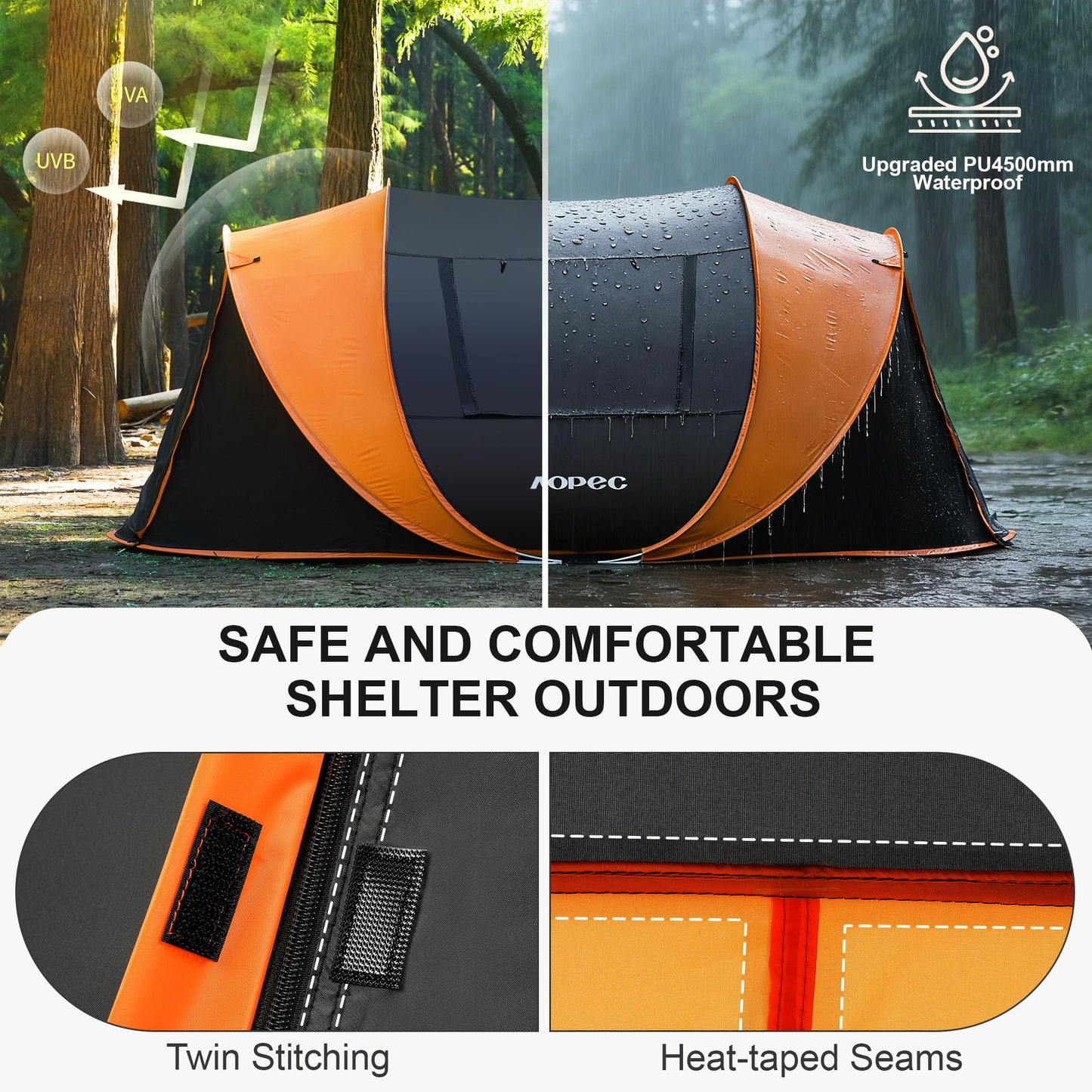 AOPEC Pop Up Camping Tent, 2/4/6 Person Instant Tent Waterproof PU4500mm, Spacious Ventilated Camping Tent with Front Porch, Quick Setup Lightweight Portable for Outdoor Camping Hiking Beach