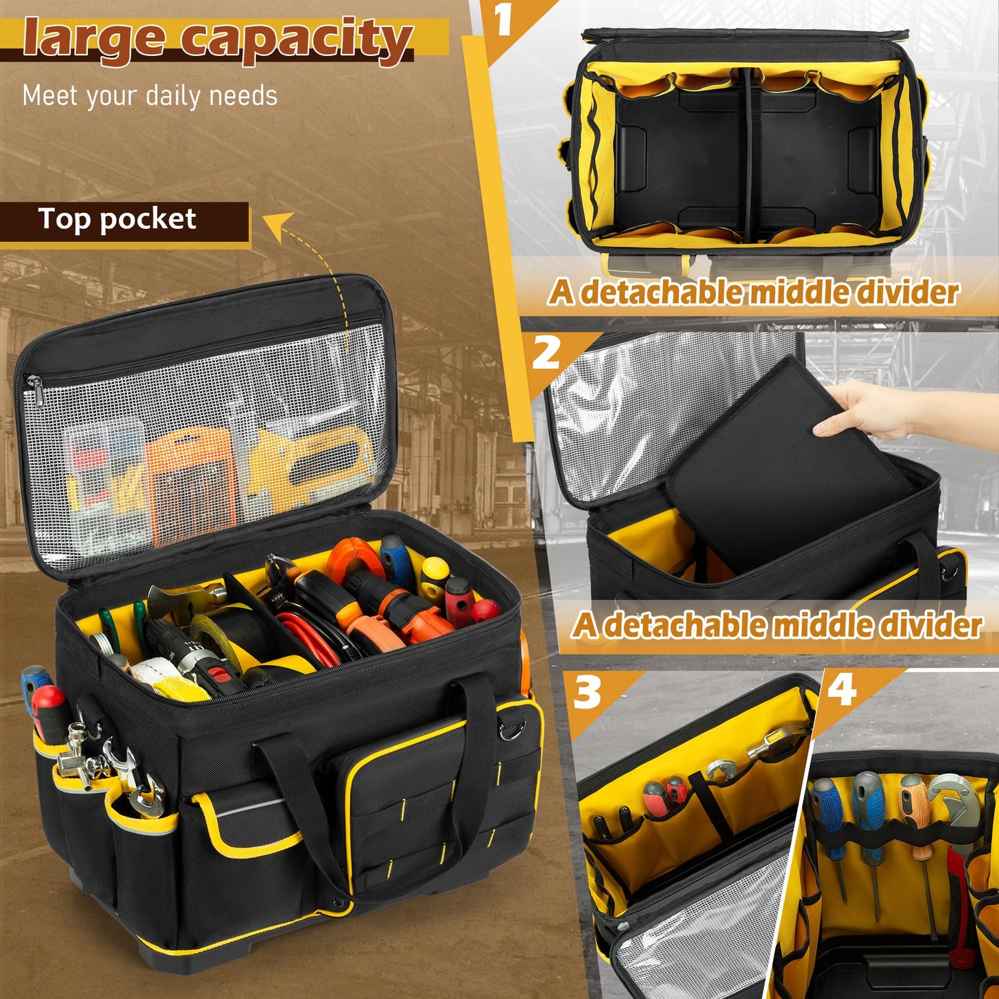 Marscamd 16-inch Tool Bag with Hard Bottom and a Detachable Divider, Heavy Duty Tool Tote with Multiple Pockets, Black