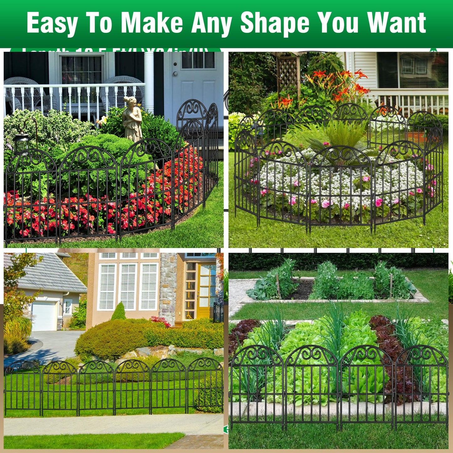 ADAVIN 20 Panels Collapsible Garden Fence Animal Barrier, 20 Ft(L) x 24 in(H) Black Rustproof Metal Wire Panel Border for Dogs Rabbits, Flower Edging for Landscape Patio Yard Outdoor Decor, Arched