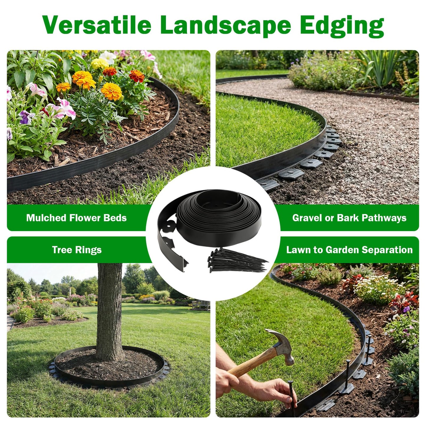 Tegarbed No Dig Landscape Edging Border 2-Inch x 40 FT, Heavy-Duty Plastic Garden Edging with 50 Spikes, Garden Edging for Flower Beds Pathway Paver Edging, Black