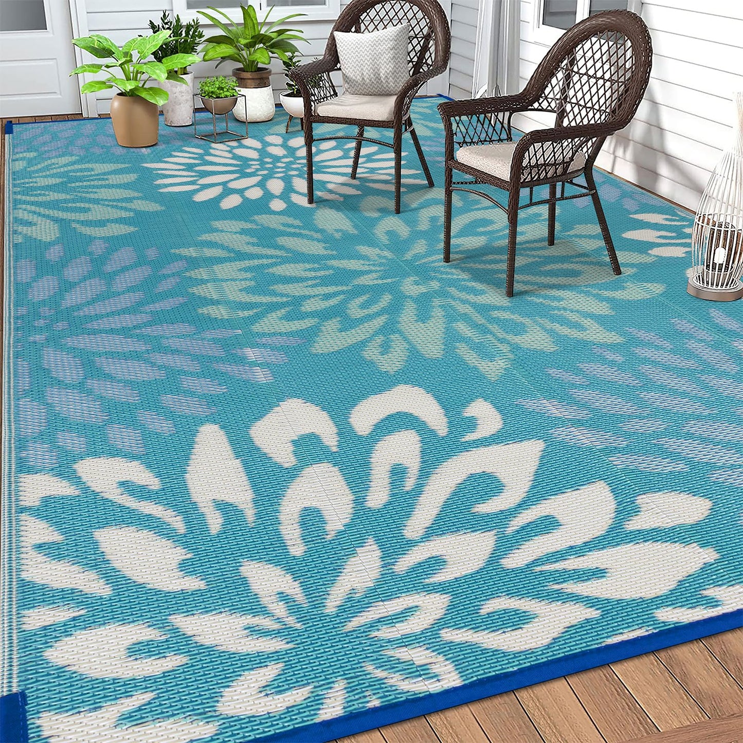 HEBE Waterproof Outdoor Rug 5x8 for Patios, Floral Reversible Plastic Straw Rug Patio Mat, Indoor Outdoor Carpet RV Mat Camping Rug for Deck, Camper, Porch, Balcony, Backyard, Picnic
