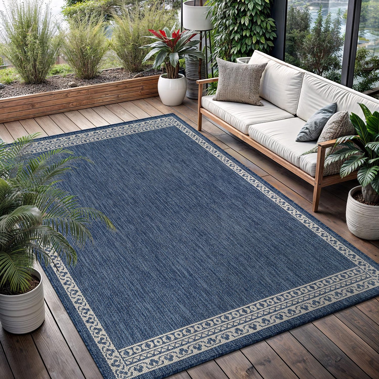Washable Outdoor Rug 6x9 Modern Area Rugs Outdoor Carpets Bordered Pattern Non Shedding Waterproof Easy Clean Patio Deck Porch Living Room Bedroom Garden RV (6 X 9 Blue)