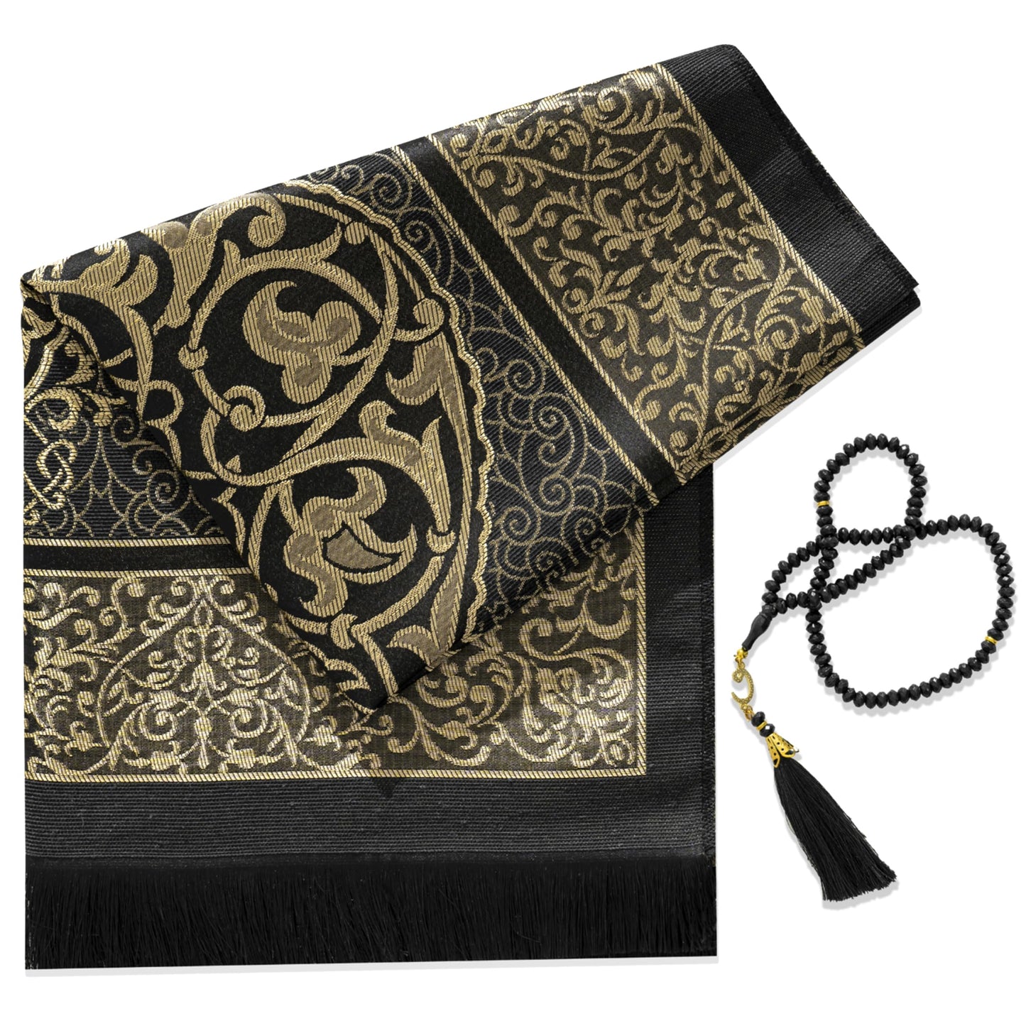 SUMELA Muslim Prayer Rug with Islam Prayer Beads - Travel Prayer Mat, Islamic Gifts for Women, Portable Prayer Matt Islam, Islamic Prayer Rug Islam Men Women, Praying Mat for Muslim Gifts, Black