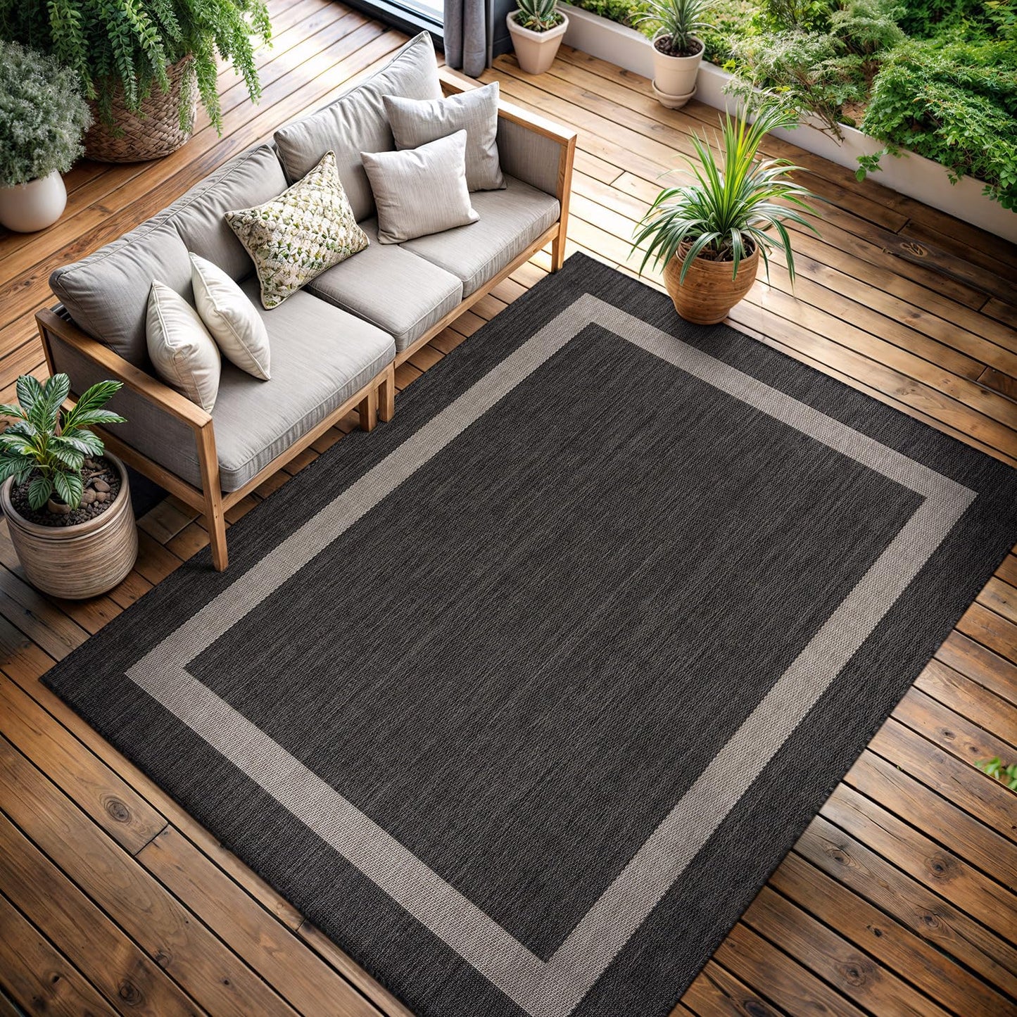 CAMILSON Outdoor Rug 10x14, Large Modern Outside Rugs for Patios Porches Waterproof Durable Washable Non-Shedding, Easy-to-Clean Indoor Outdoor Area Carpet (10 x 14, Bordered - Dark Gray/Light Gray)