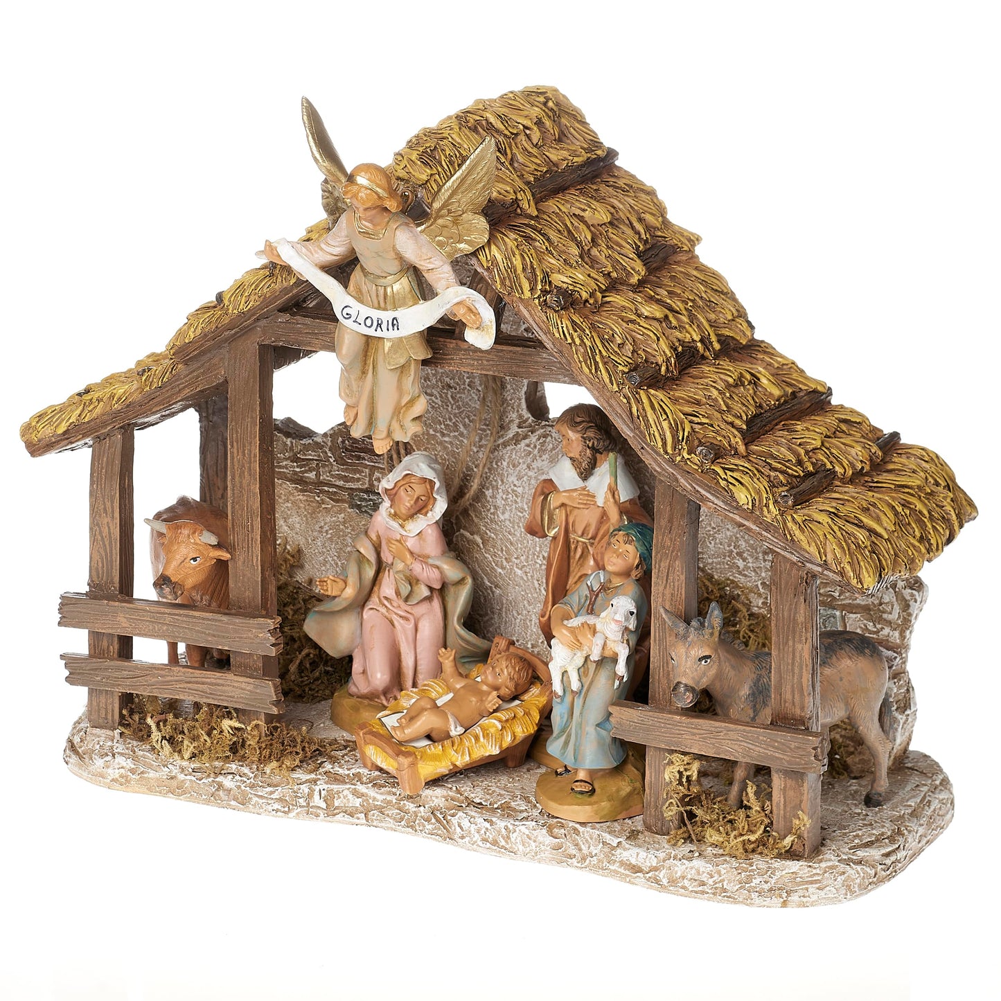 Fontanini by Roman 5" Scale Nativity Set, 7-Piece Holy Family Scene with Shepherd and Animals, Resin Stable with Angel, Classic Christmas Decoration