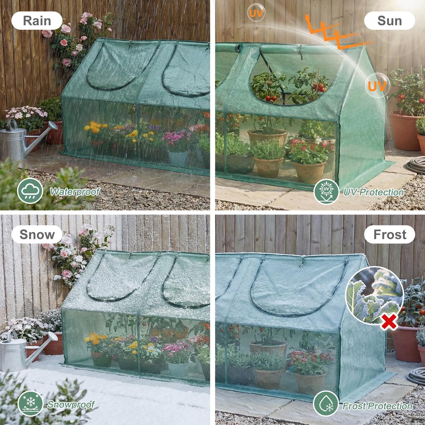 Aoodor 9 x 3 x 3 ft Mini Greenhouse with 3 Zipper Doors, Water-Resistant, UV-Protected for Flowers, Vegetables, and Herbs, Green