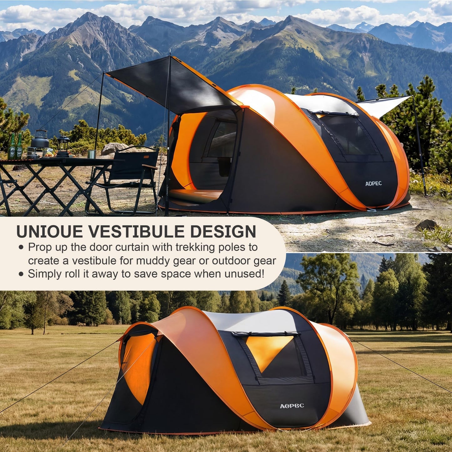 AOPEC Pop Up Camping Tent, 2/4/6 Person Instant Tent Waterproof PU4500mm, Spacious Ventilated Camping Tent with Front Porch, Quick Setup Lightweight Portable for Outdoor Camping Hiking Beach