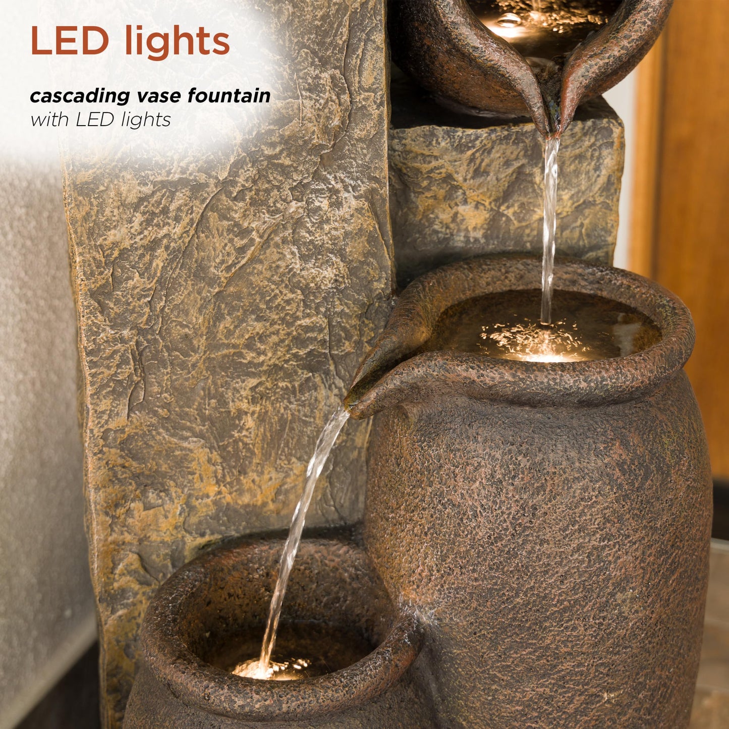 Alpine Corporation GIL140 43" Tall Indoor Outdoor Pottery Fountain with Replaceable LED Lights, Water Feature for Garden, Patio, and Home Decor, Brown