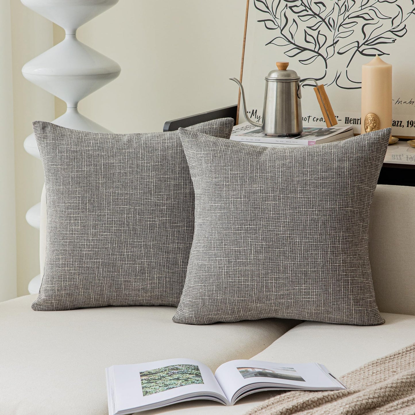 Kevin Textile Faux Linen Square 2 Tone Woven Throw Pillow Covers Sham Cushion Case for Car/Couch Use, 18-inch(2 Packs, Grey)