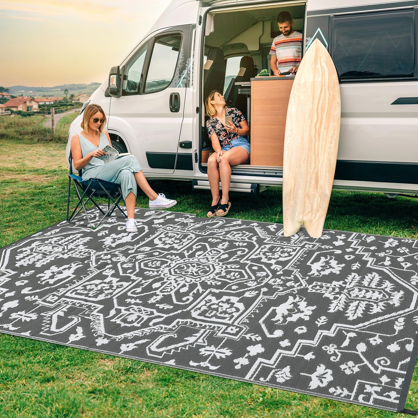 Jojoka Waterproof Reversible Outdoor Rug, Durable Plastic Straw Medallion Mat, UV-Resistant Easy Clean All-Weather Carpet for Patio, Backyard, Porch, Deck, Camping & RV