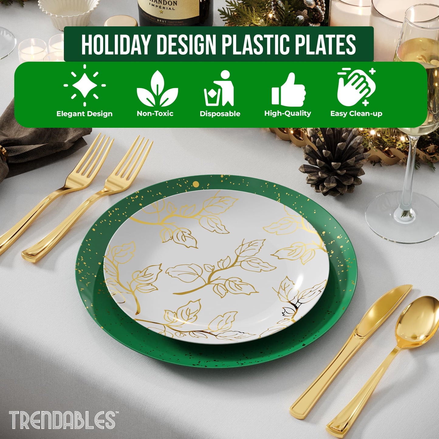 Trendables Christmas Plates Disposable 100 Pcs Christmas Dinnerware Set, Christmas Plastic Plates Set Includes: 20 10" Dinner Plates, 20 8" Dessert Plates & 20 Of Each Gold Forks, Knives & Spoons