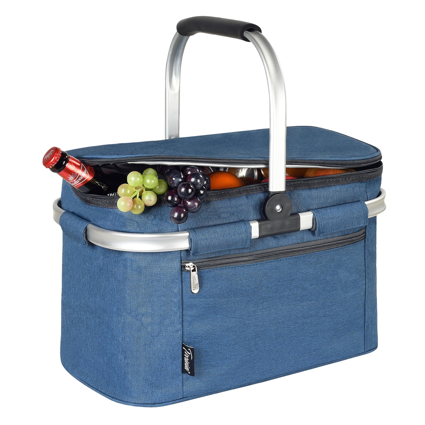 Tirrinia Large Insulated Picnic Basket, 34L Water Resistant & Leakproof Collapsible Portable Cooler Basket Set with Aluminium Handle for Travel, Shopping, Camping,Foldable Grocery Bag, Blue