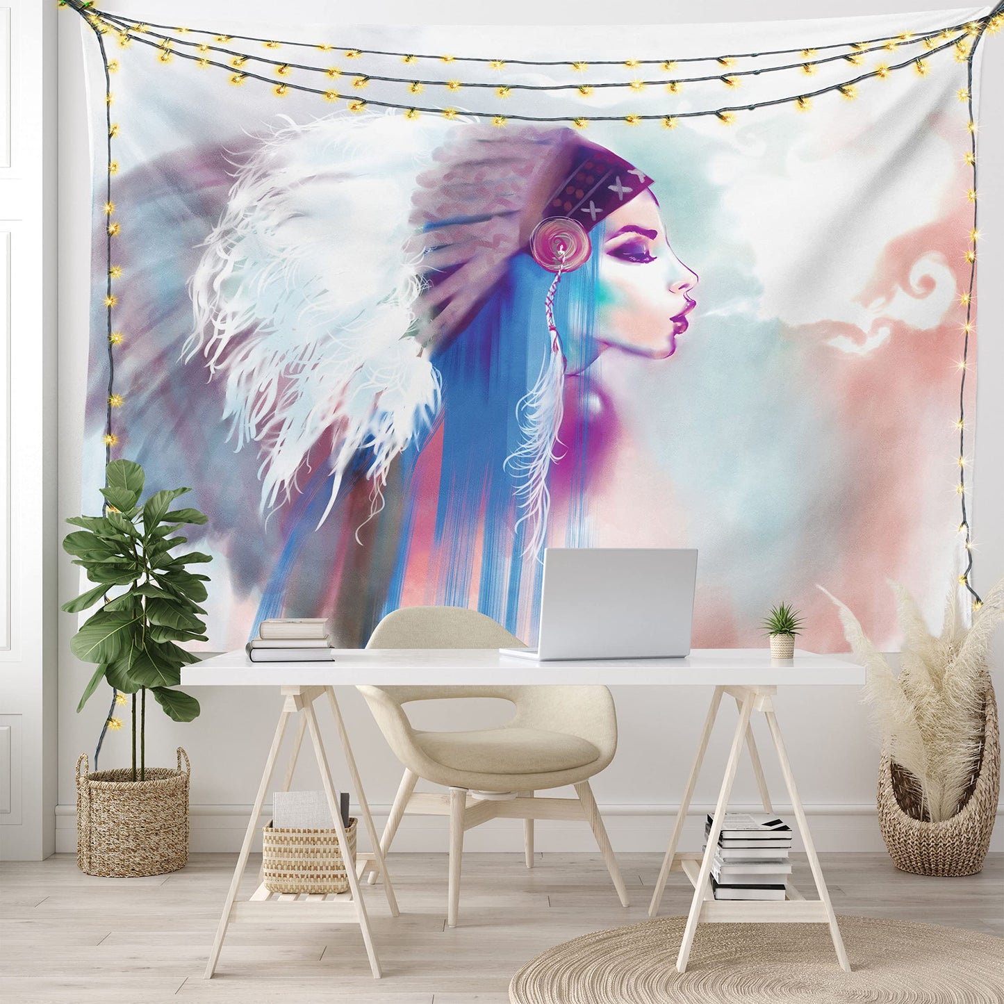 Ambesonne Tribal Tapestry, Girl Smoking Traditional Clothes Abstract Watercolor Background Illustration, Wide Wall Hanging for Bedroom Living Room Dorm, 60" X 40", Multicolor Purple