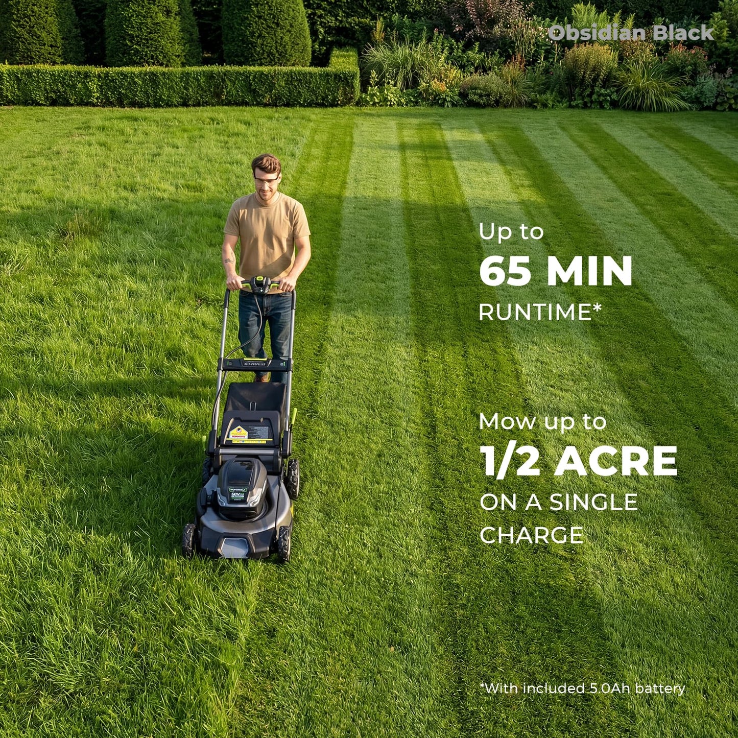 NovorikX 60V 5Ah Self-Propelled Electric Cordless Lawn Mower with 5.0Ah Battery 21-Inch, Brushless Mower for Large Yards, LED Headlight, Rapid Charger 3-in-1 Versatility Obsidian Series