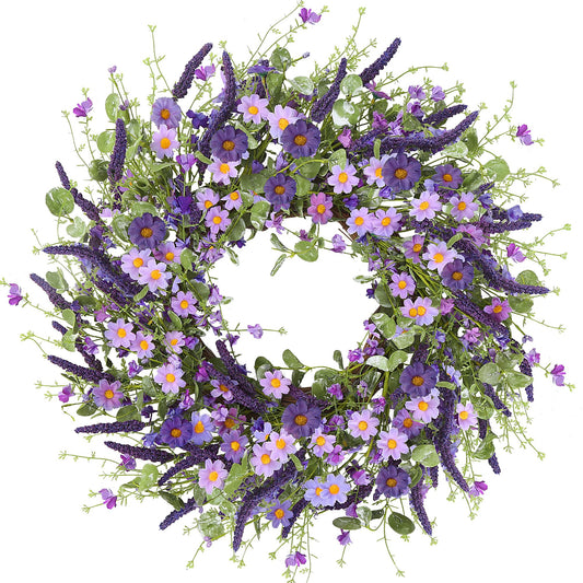 Sggvecsy Purple Daisy Wreath 24 Inch Spring Summer Wreath with Fake Silk Floral Green Eucalyptus Leaves and Lavender for Front Door Window Wall Wedding Farmhouse Festival Decor