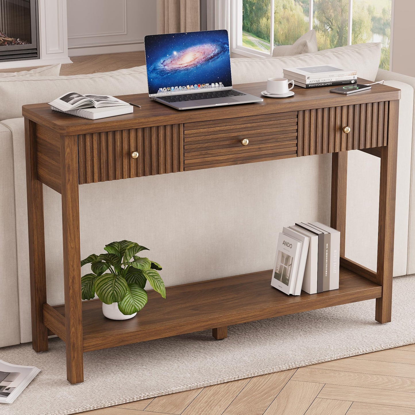47 Inch Fluted Console Table with Outlets and USB-C Port, Mid Century Modern Sofa Table with 3 Drawers and Open Shelf, Entryway Table with Charging Station for Behind Couch, Hallway, Foyer, Walnut