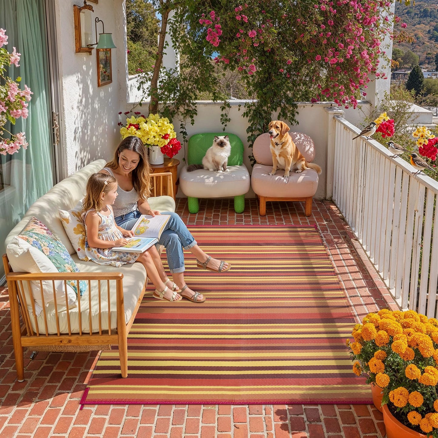 WondRg Outdoor Plastic Straw Rug Waterproof Patio 5x8 Red Orange Stripe Mat for Porch Camping RV Balcony Deck Courtyard Reversible Lightweight Durable Portable Carpet