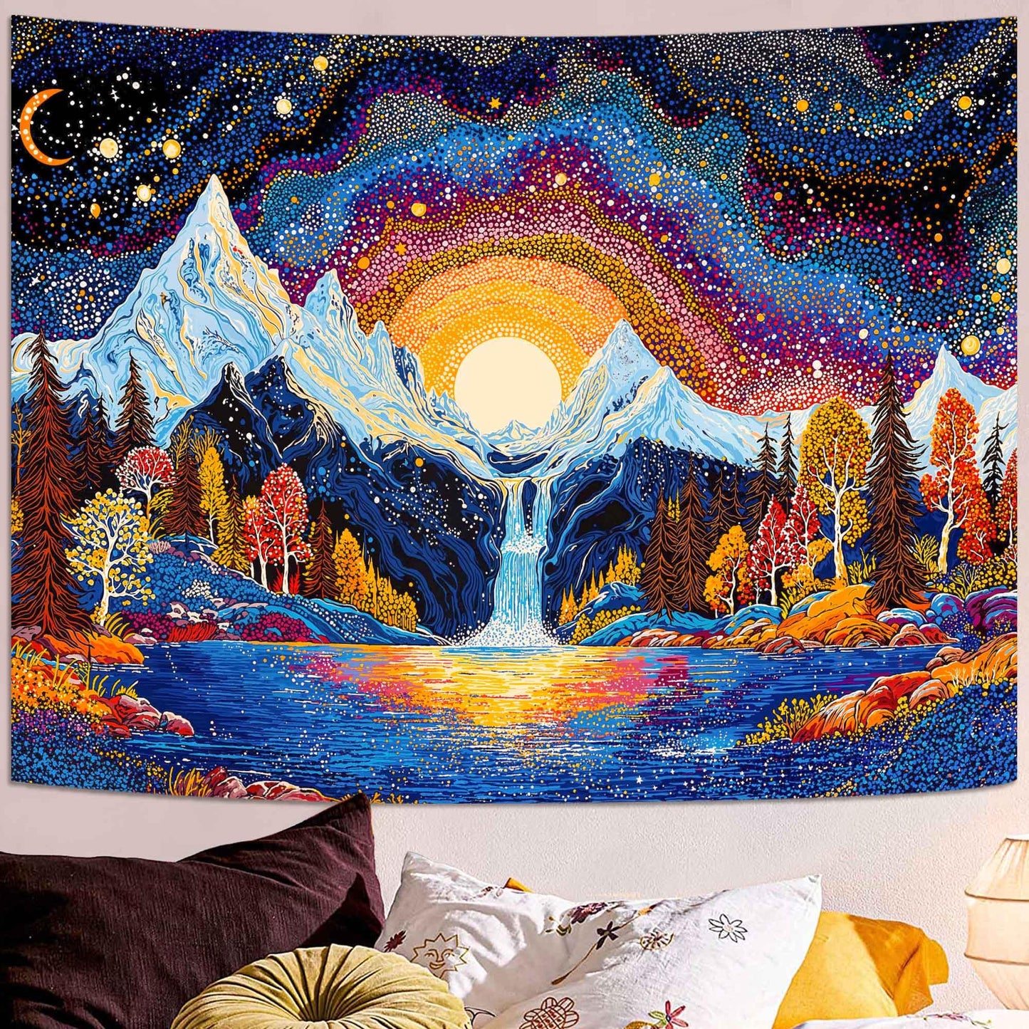 Lunerfex Starry Mountain Waterfall Sunrise Wall Tapestry, Trippy Cosmic Landscape Tapestries for Room Decor, Vibrant Tapestry 60x44 Inch