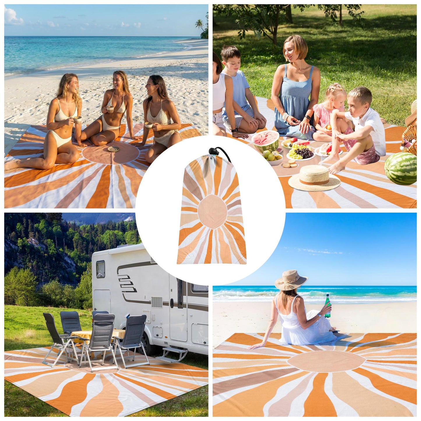 Beach Blanket Waterproof Sandproof, Extra-Large Picnic Blankets with Stakes & Travel Bag, Lightweight, Quick-Dry, Compact Beach Mat for Outdoors, Camping, Beach, Trips – Summer Vacation Essentials