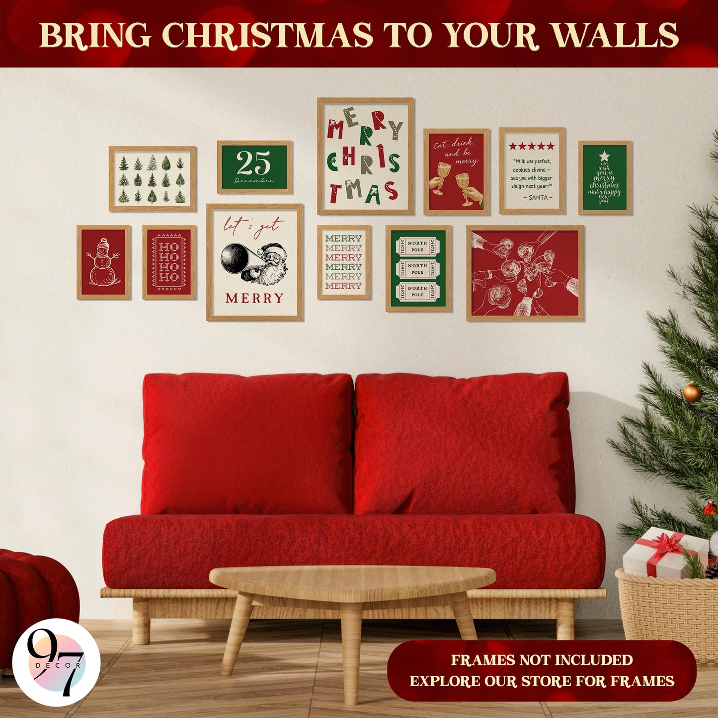 97 Decor Retro Christmas Prints Unframed - Trendy Christmas Posters For Room Aesthetic, Classic Holiday Artwork Winter Pictures, Funny Merry Xmas Painting Santa Pine Tree Gallery Wall Art For Bedroom