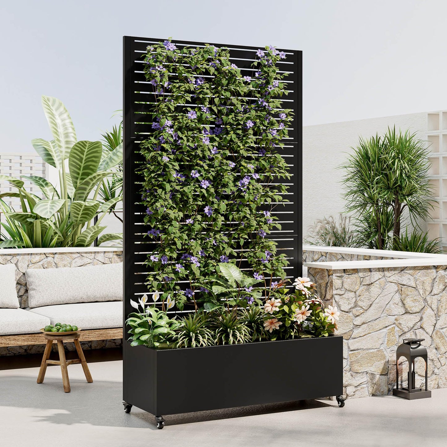 Metal Planter Box with Trellis, 73-Inch Tall Raised Garden Bed with Wheels, Privacy Screen Planter for Climbing Plants, Vegetables & Vines, Galvanized Steel Outdoor Privacy Shield, Black (Square)
