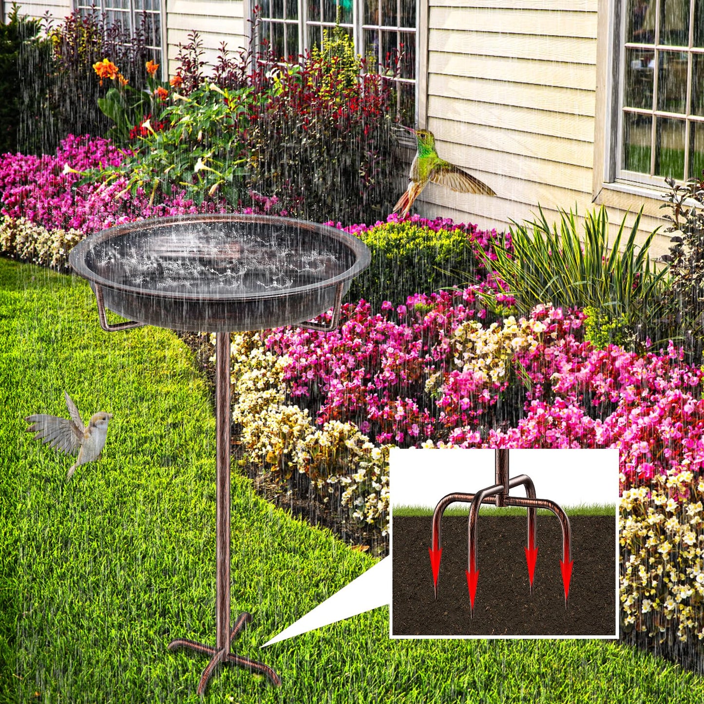 KHayRovies Metal Bird Bath for Outside Garden Birdbath Bowl, 36.2" Height Freestanding Bird Feeders for Outdoors with 4 Prongs Base Stake, Standing Birdfeeders for Yard Lawn Decor (Retro Copper)