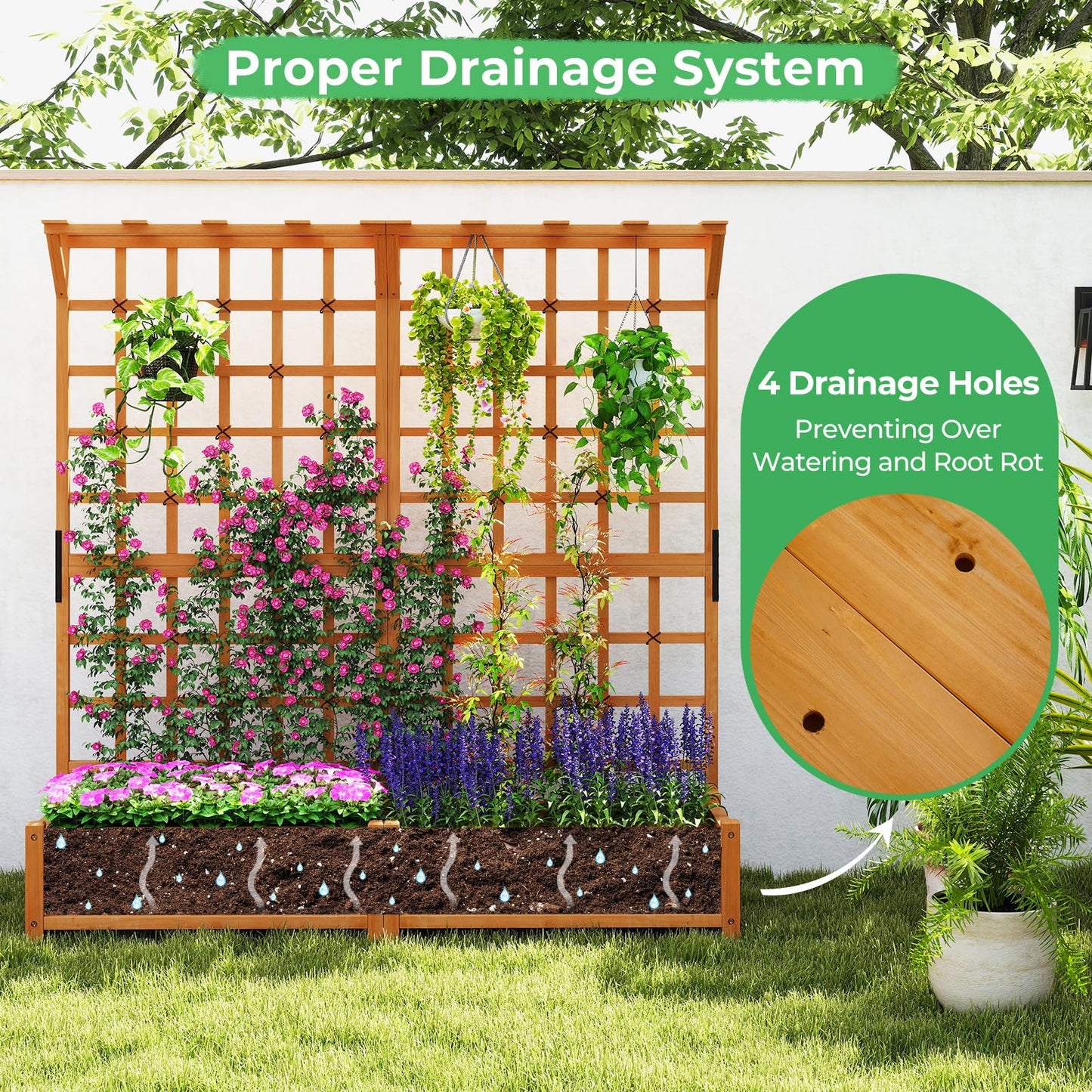 Giantex Large Raised Garden Bed with Trellis & Roof, 72" Wooden Garden Bed, High Trellis for Plant Flower Climbing Pot Hanging, Indoor & Outdoor Planter Box for Yard, Garden, Balcony