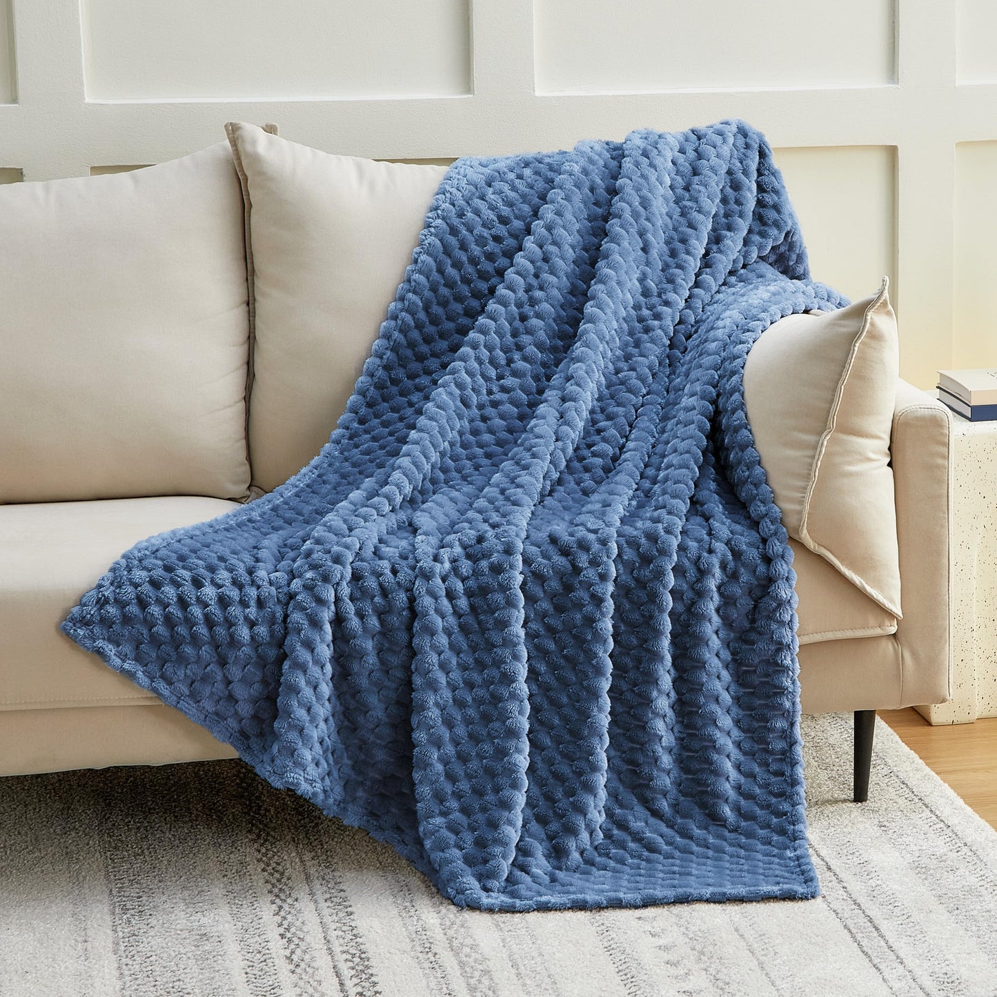 EXQ Home Fleece Throw Blanket for Couch or Bed - 3D Imitation Turtle Shell Jacquard Decorative Blankets - Cozy Soft Lightweight Fuzzy Flannel Blanket Suitable for All Seasons(50"×60",Dark Blue)