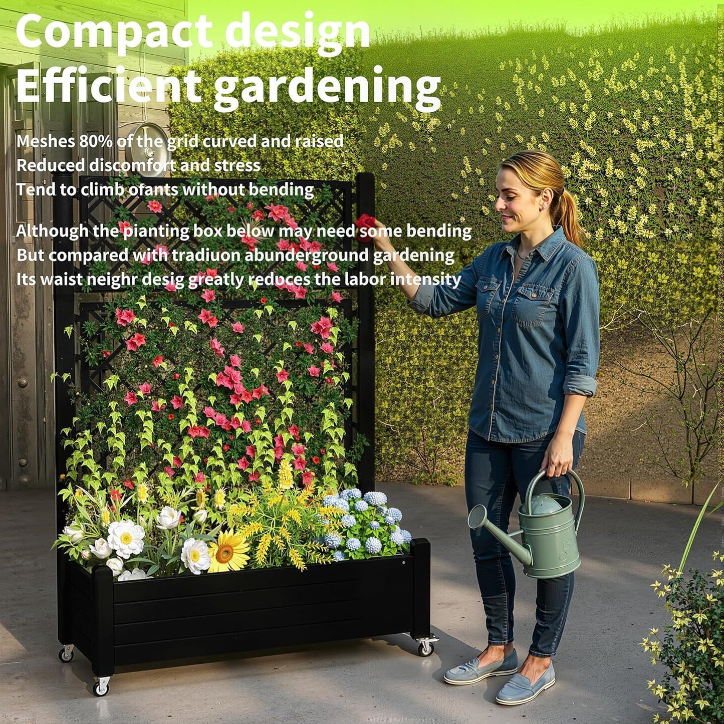 EasyUp Rolling Garden Planter Box with Trellis & Lockable Casters, Outdoor Raised Bed with Drainage & Water Gauge, Durable Resin for Patio, Balcony, Yard, Dust-Proof (Black, 43.43 * 18.27 * 64.29)