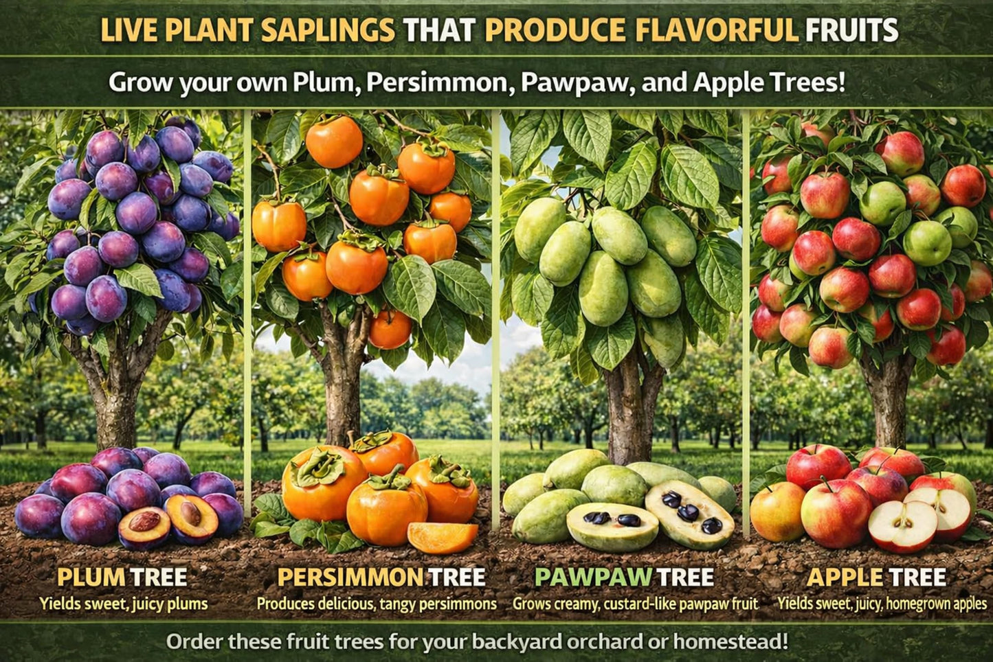 Live Fruit Tree Saplings Bundle (1 Plum, 1 Persimmon, 1 Pawpaw, 1 Apple) – Edible Fruit Tree Bundle – Backyard Orchard Starter Kit – Hardy Outdoor Live Plants – Grow Your Own Fresh Fruit