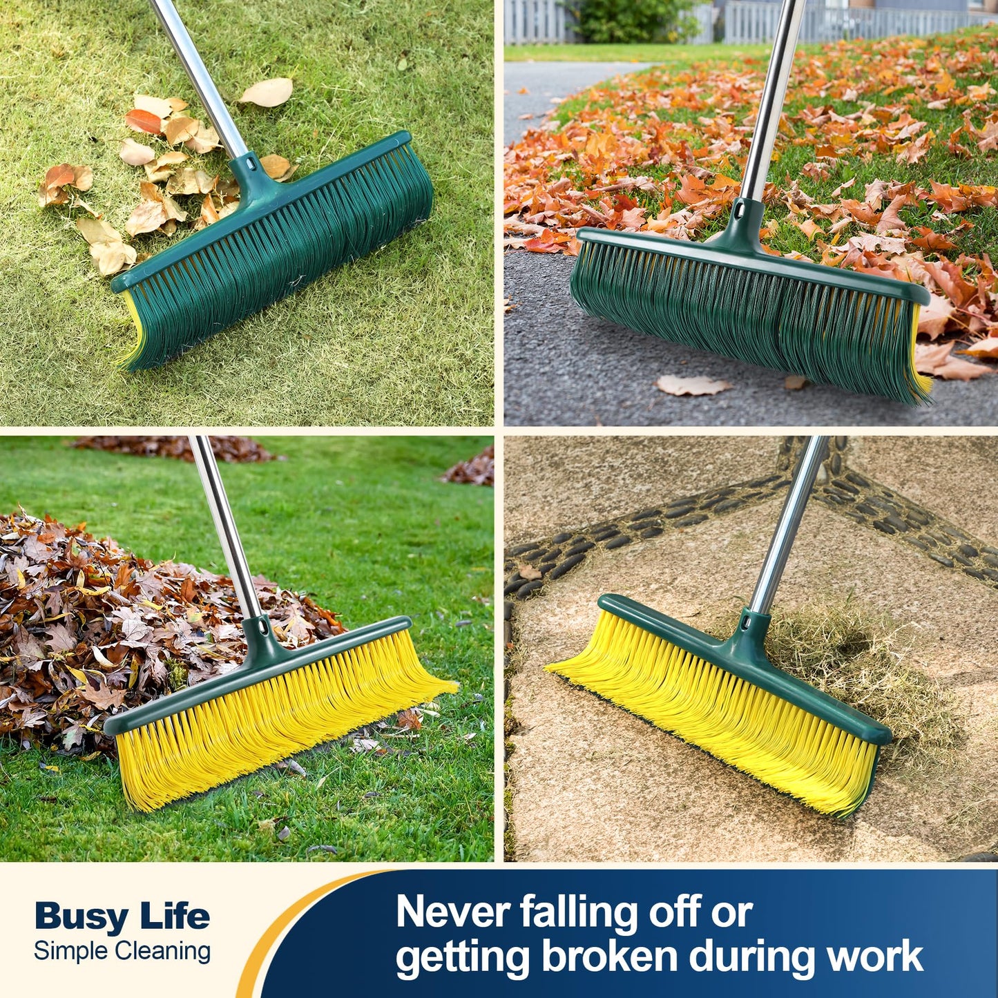 Yocada Heavy Duty Outdoor Broom Commercial Broom Garden Leaf Rake with Curved Bristles Adjustable Long Handle Indoor Outdoor for Yard Deck Garden Garage Lobby Lawn Sidewalk Leaves 58.7 Inch
