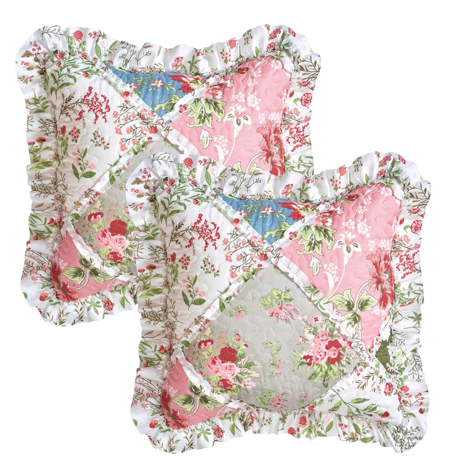 Brilliant Sunshine Peach and Olive Flowers Patchwork Ruffle Pillowshams, Quilted Decorative Pillow Covers Set, Square Throw Cushion Cases for Couch, Chair, Car, Bed, 18x18, Pack of 2, Peach Olive