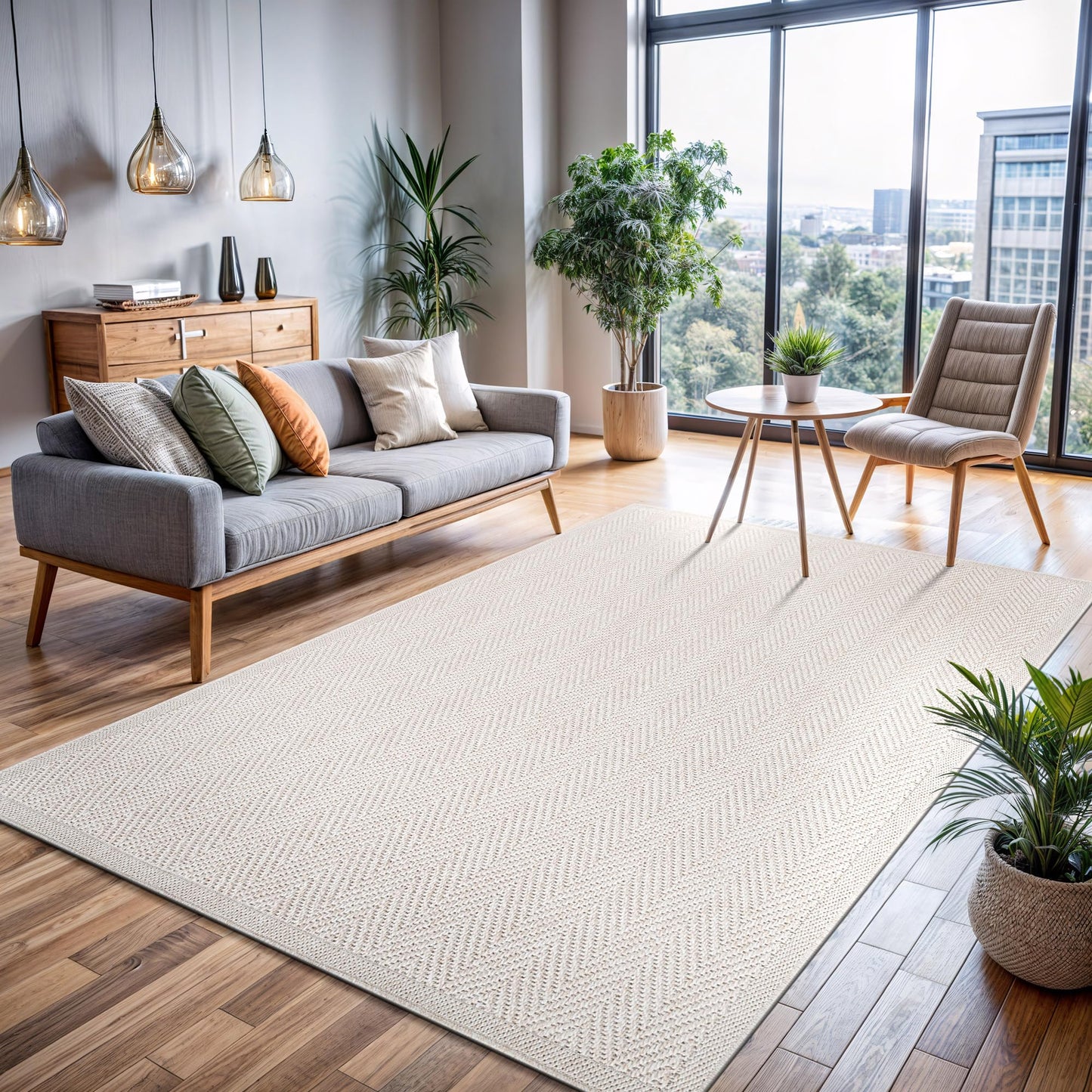 CAMILSON Easy Jute Rug 10x14, Indoor Outdoor Off-White Color Fiber Area Rugs for Living Room and Patio Rug Herringbone Boho Woven Design Easy-Cleaning Washable Outside Carpet Alfombras 10 x 14