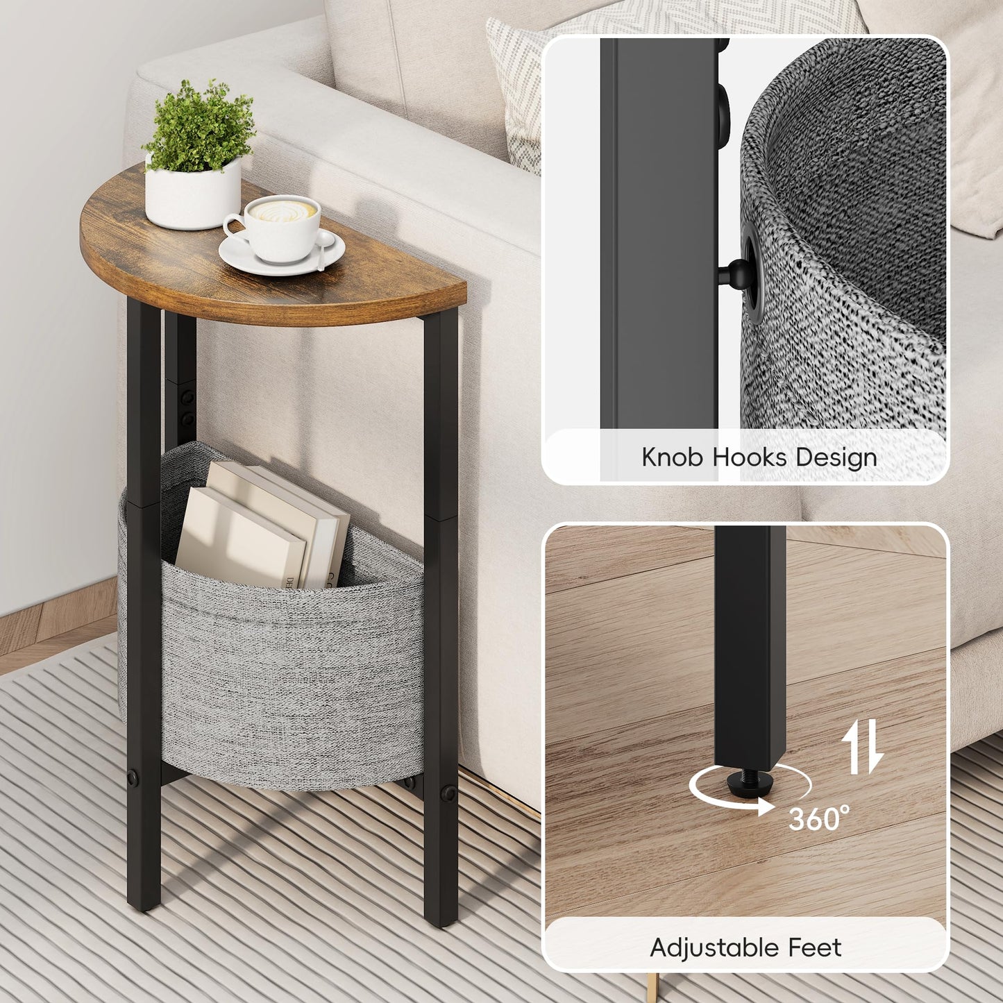 Vagusicc Small Round Side Table, Accent End Table with Storage Basket, Set of 2 Half Round Coffee Table End Table, Half Moon Bedside Table, Modern Nightstand Couch Table for Living Room Bedroom, Brown