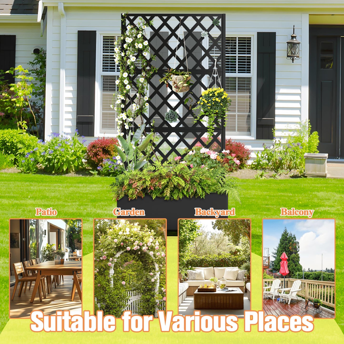 Metal Raised Garden Bed with Diamond Lattice Trellis, Outdoor Planter Box for Climbing Plants Vegetables Vines, Galvanized Garden Box with Drainage Holes and Wheels, Black (35.4"L x 16.7"W x 73.2"H)